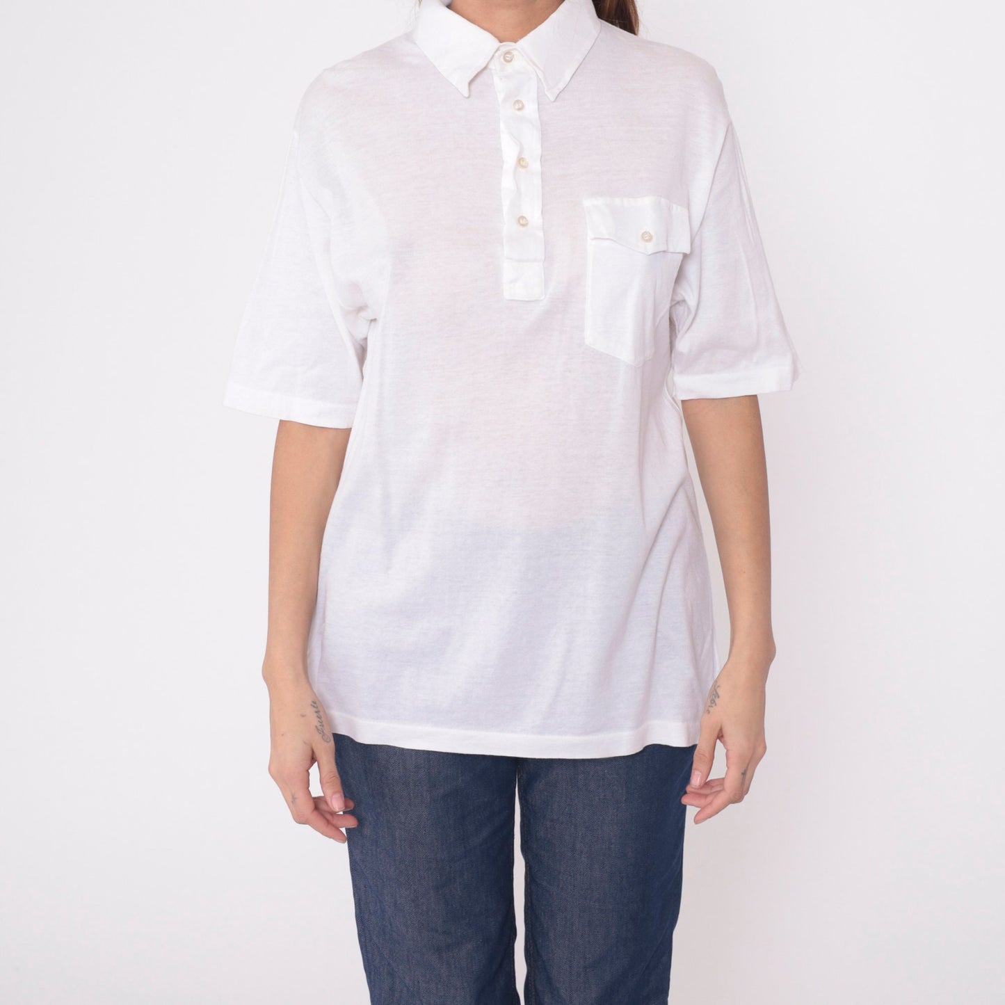 70s 80s Saks Fifth Avenue White Polo Shirt Semi-Sheer Cotton Button-Up Small