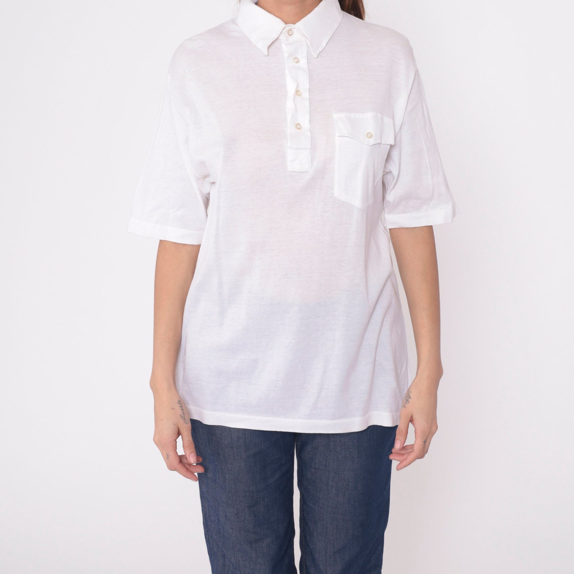 70s 80s Saks Fifth Avenue White Polo Shirt Semi-Sheer Cotton Button-Up Small