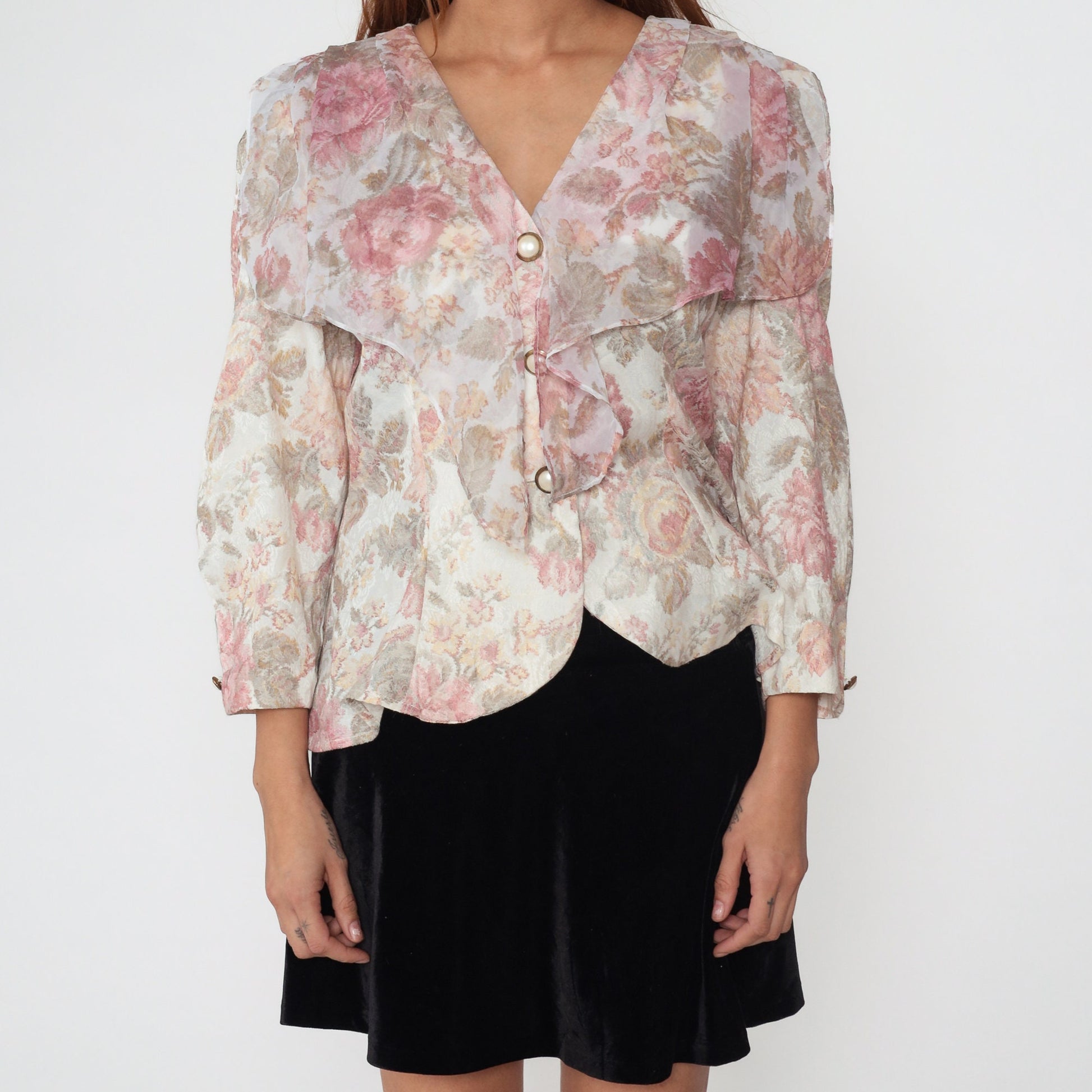 90s Floral Ruffle Blouse White Pink Button Up Long Sleeve Medium