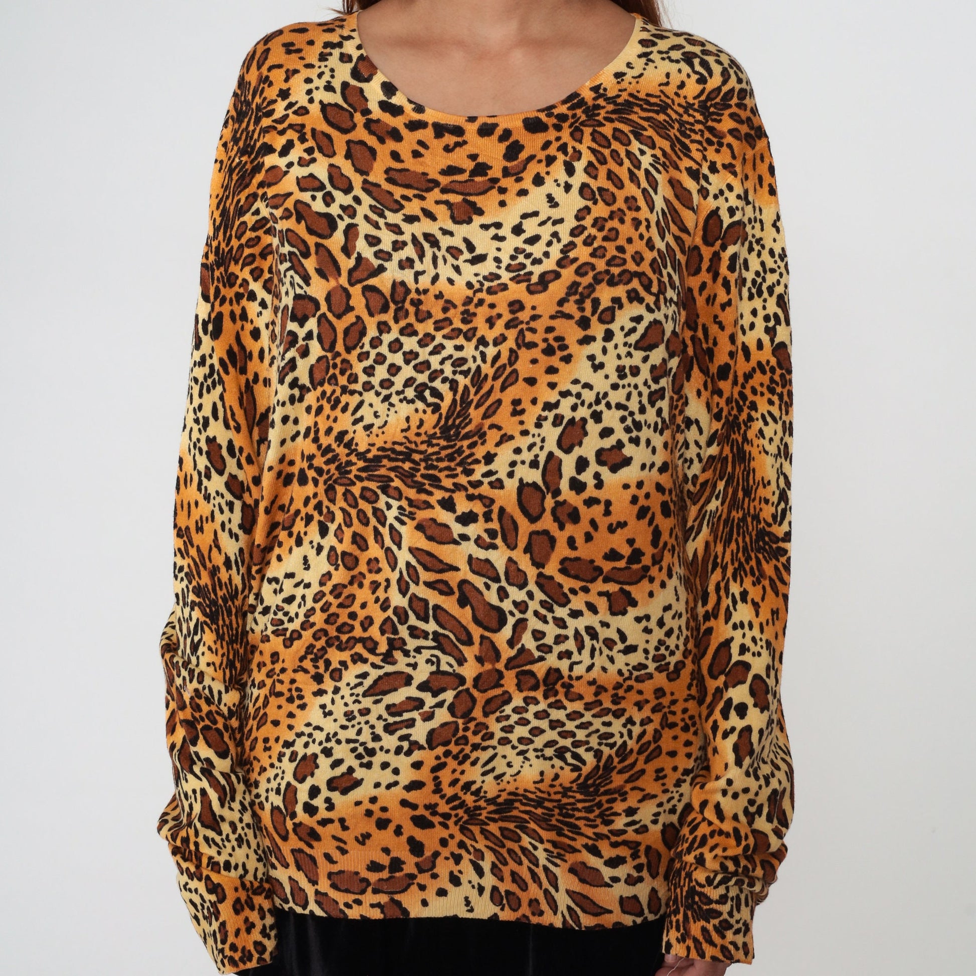 00s Cheetah Print Knit Sweater Long Sleeve Animal Print Top Large