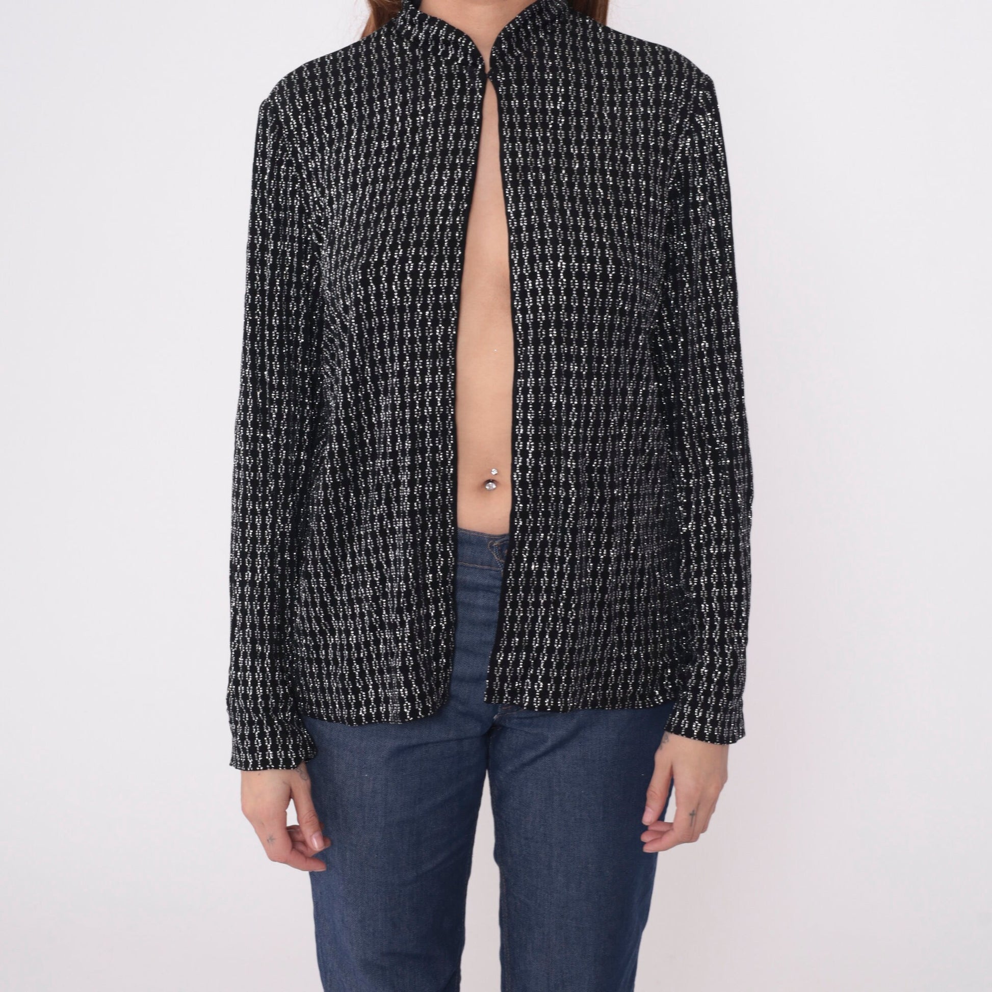 80s Alex Evenings Black Metallic Jacket Silver Chain Mandarin Collar Large 12