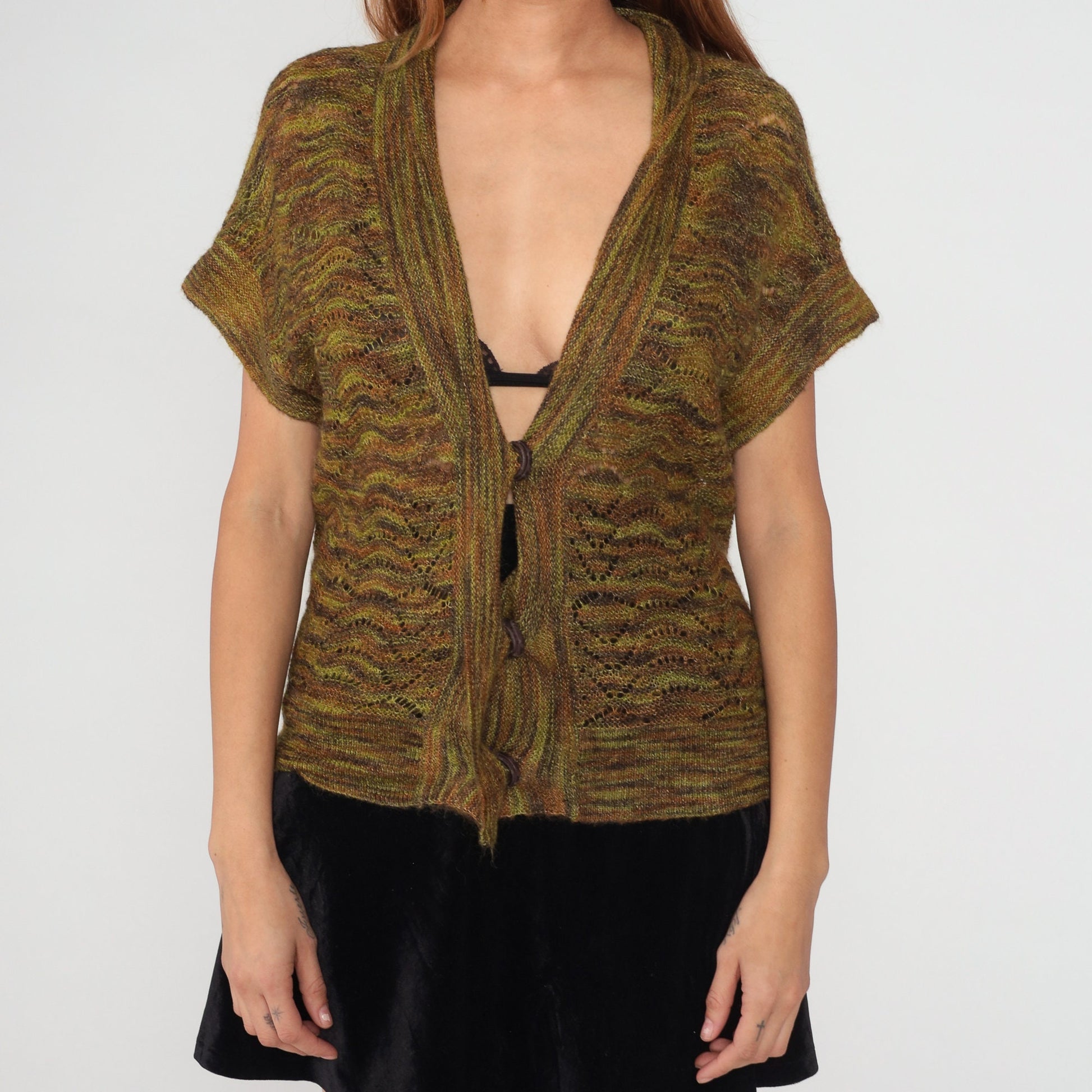 90s Jones New York Space Dye Cardigan Brown Green Mohair Blend Short Sleeve Small