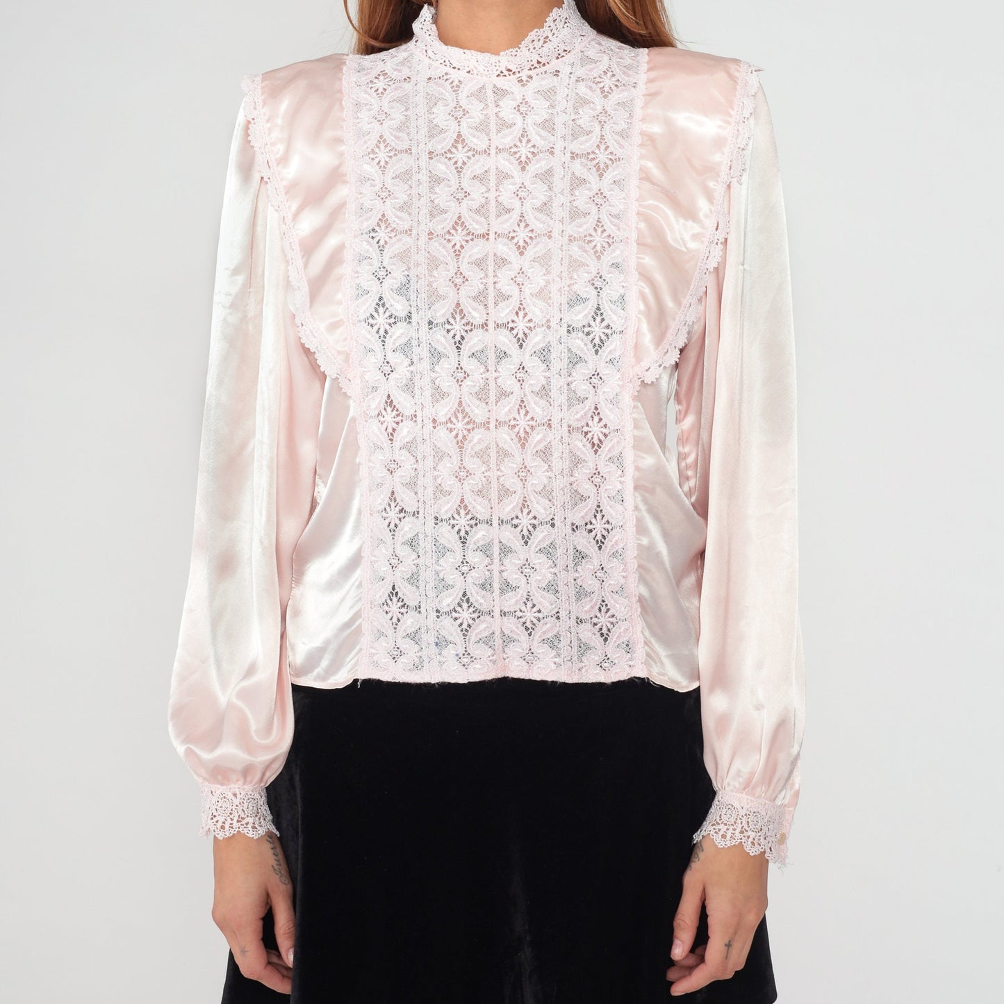 80s Baby Pink Lace Blouse Mock Neck Ruffled Long Sleeve Satin Shirt Medium