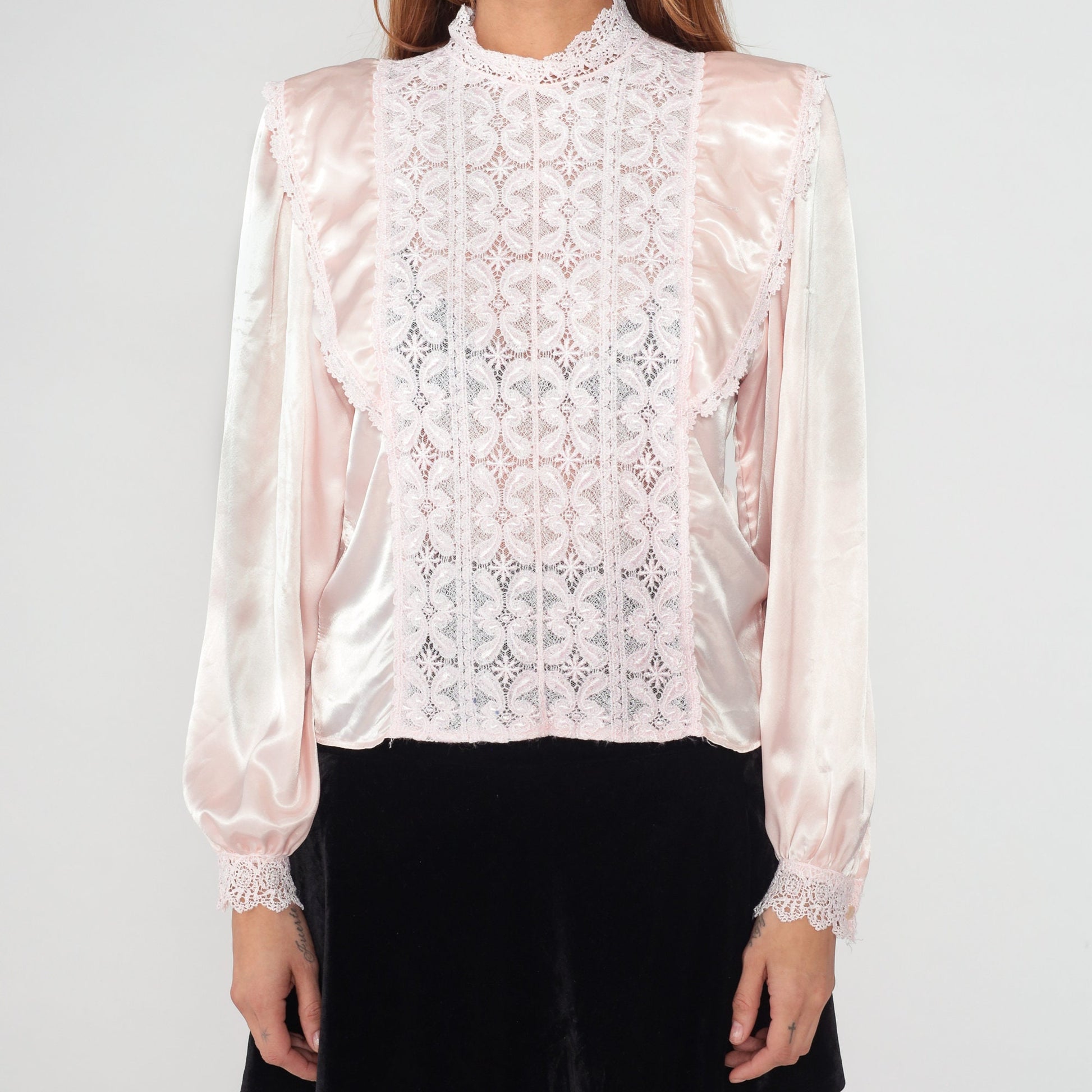 80s Baby Pink Lace Blouse Mock Neck Ruffled Long Sleeve Satin Shirt Medium