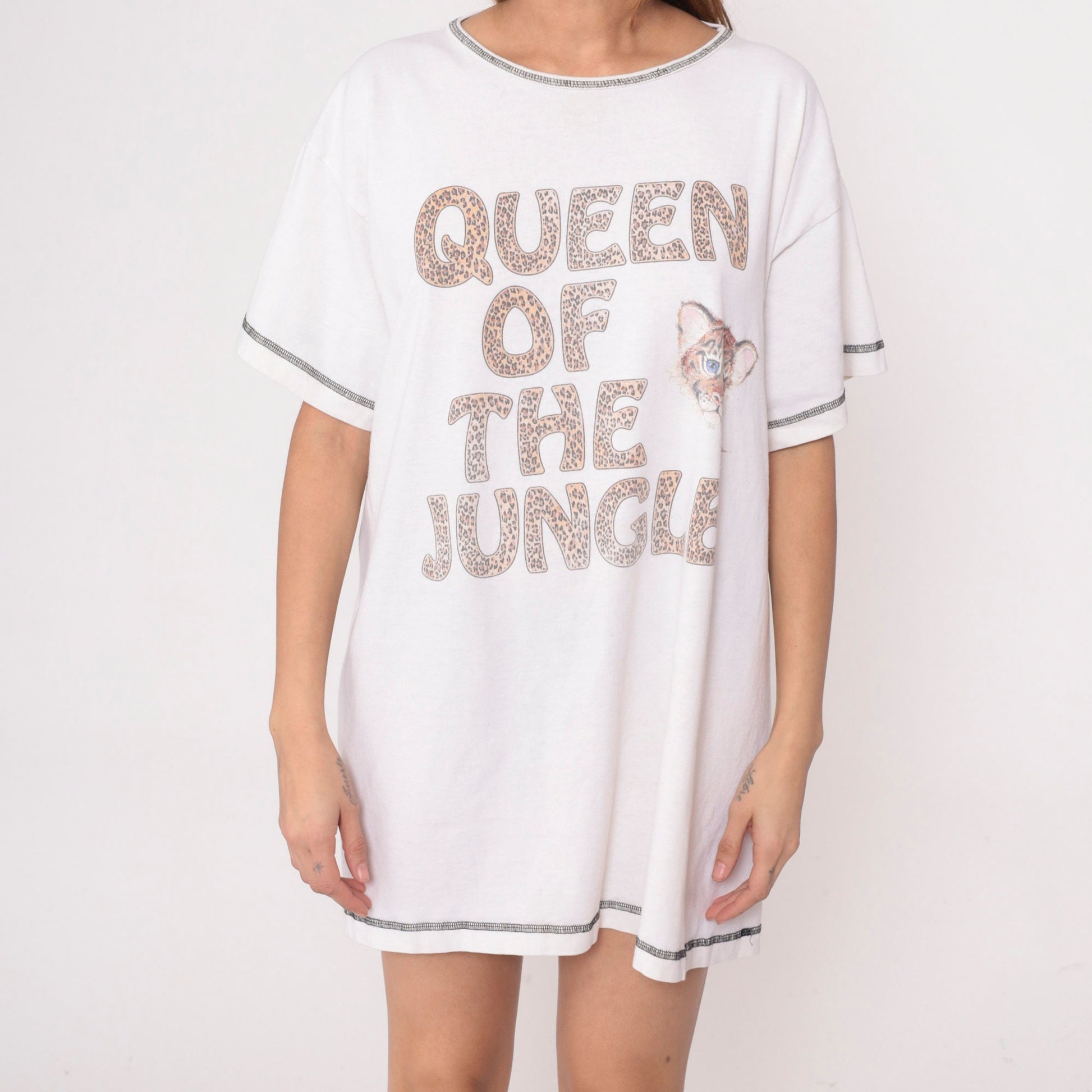 90s Tiger Print T-Shirt Dress Queen of the Jungle Graphic Mini Nightie White Small