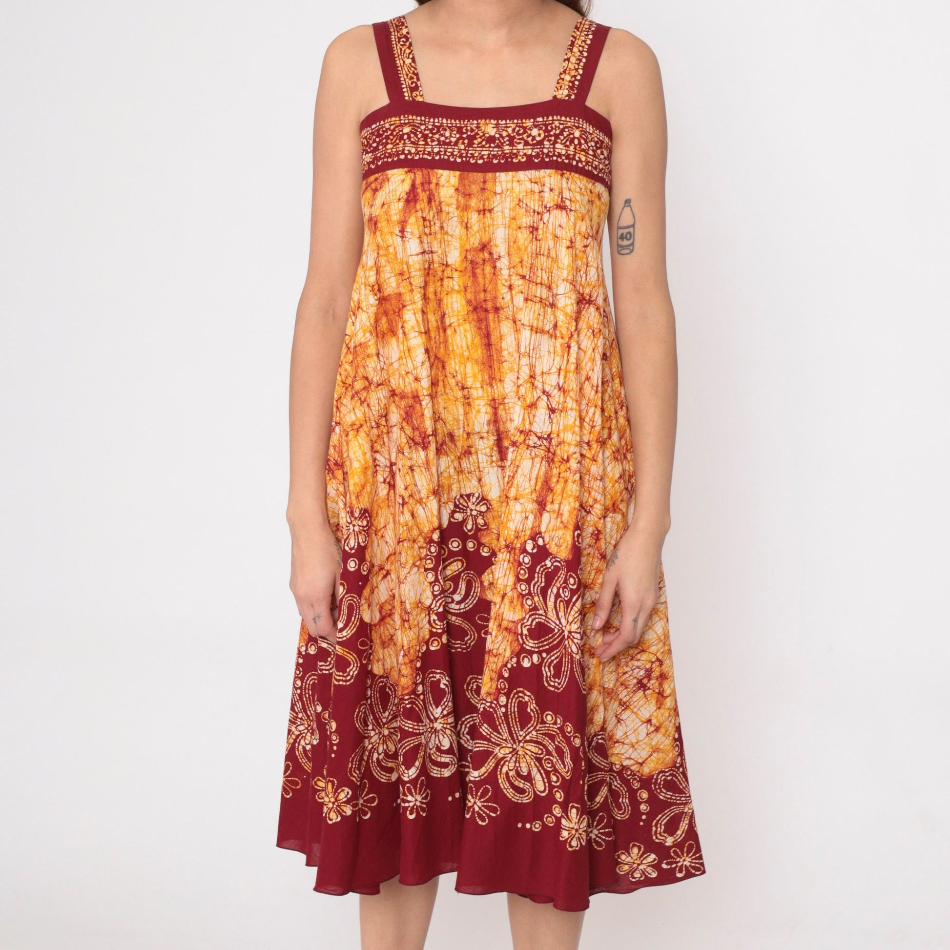 00s Batik Floral Sundress Tropical Print Tank Mini Yellow Red Small S