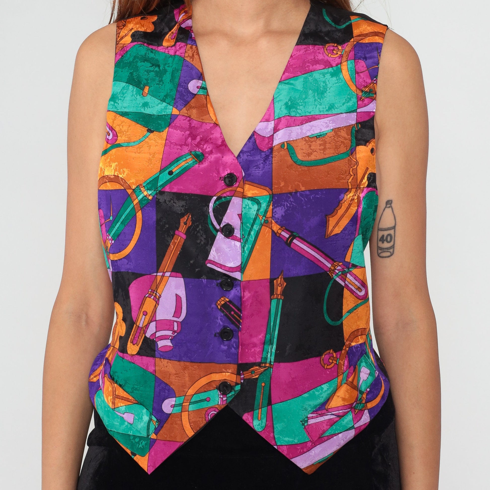 90s Writer Vest Pen Ink Key Print Button Up Sleeveless Top Medium