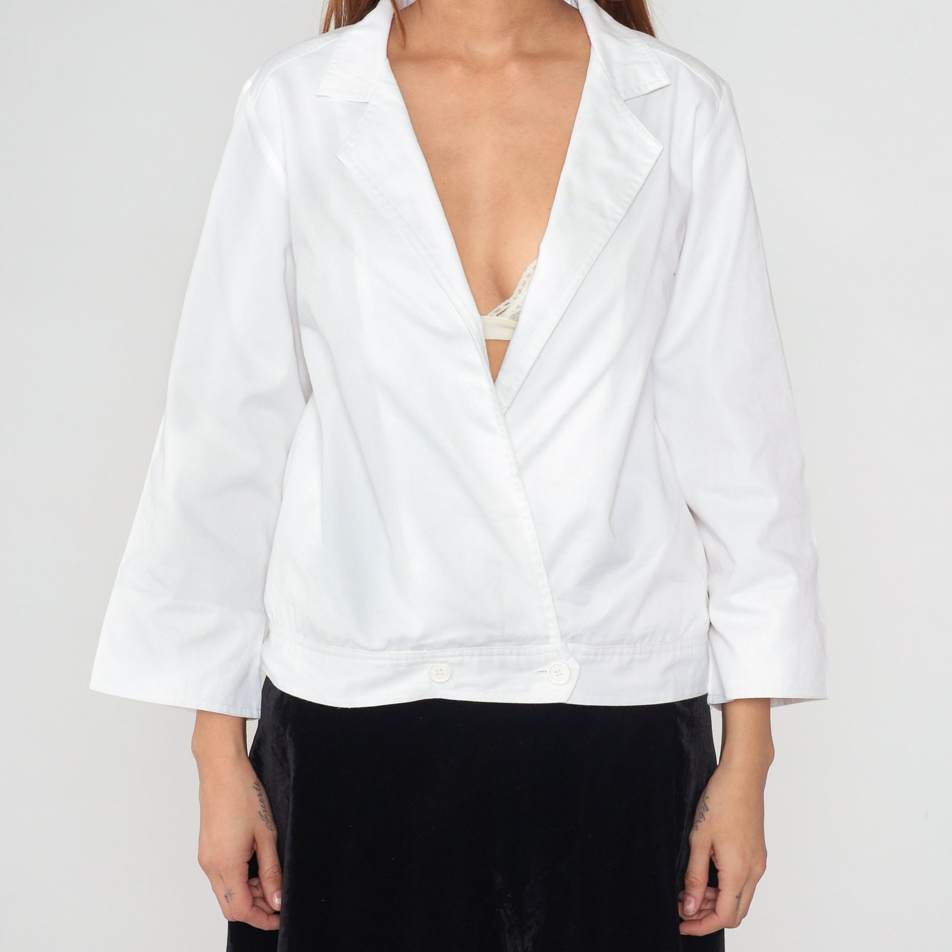 90s Mary McFadden White Double Breasted Blazer Deep V Neck Small S