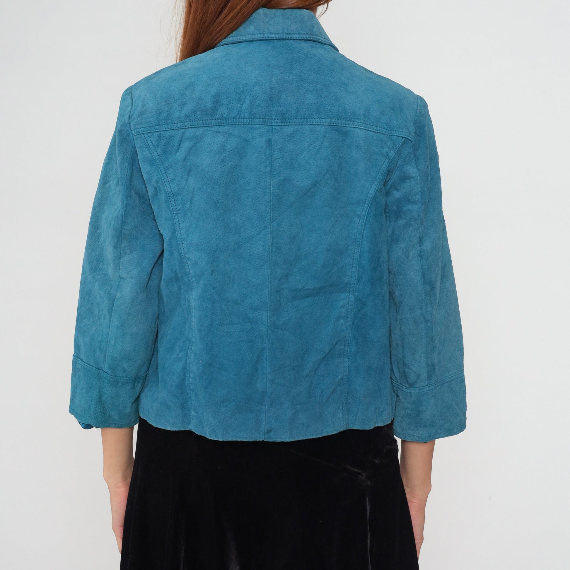 Y2K Chico's Blue Suede Jacket Cropped Button-Up 3/4 Sleeve Extra Small
