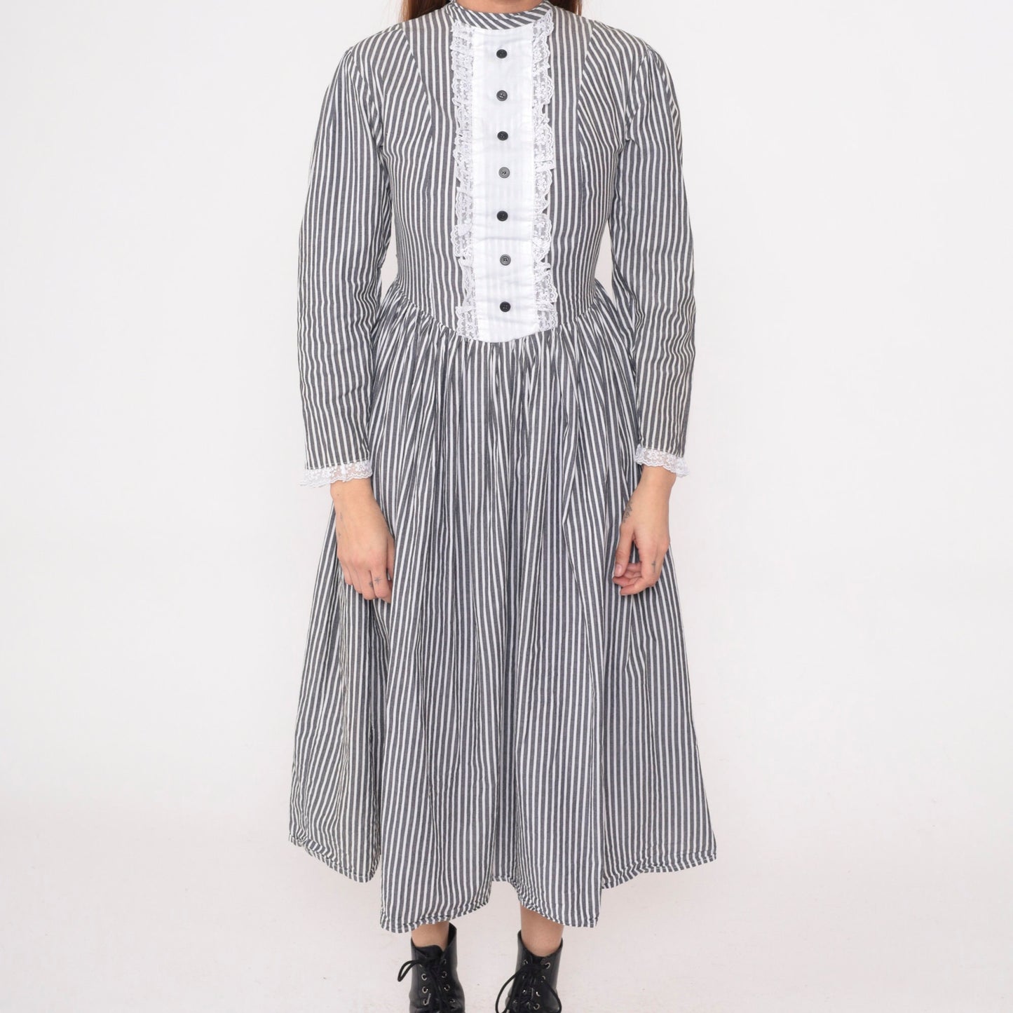 80s Grey White Striped Midi Dress Tuxedo Lace Bib Puff Sleeve Small