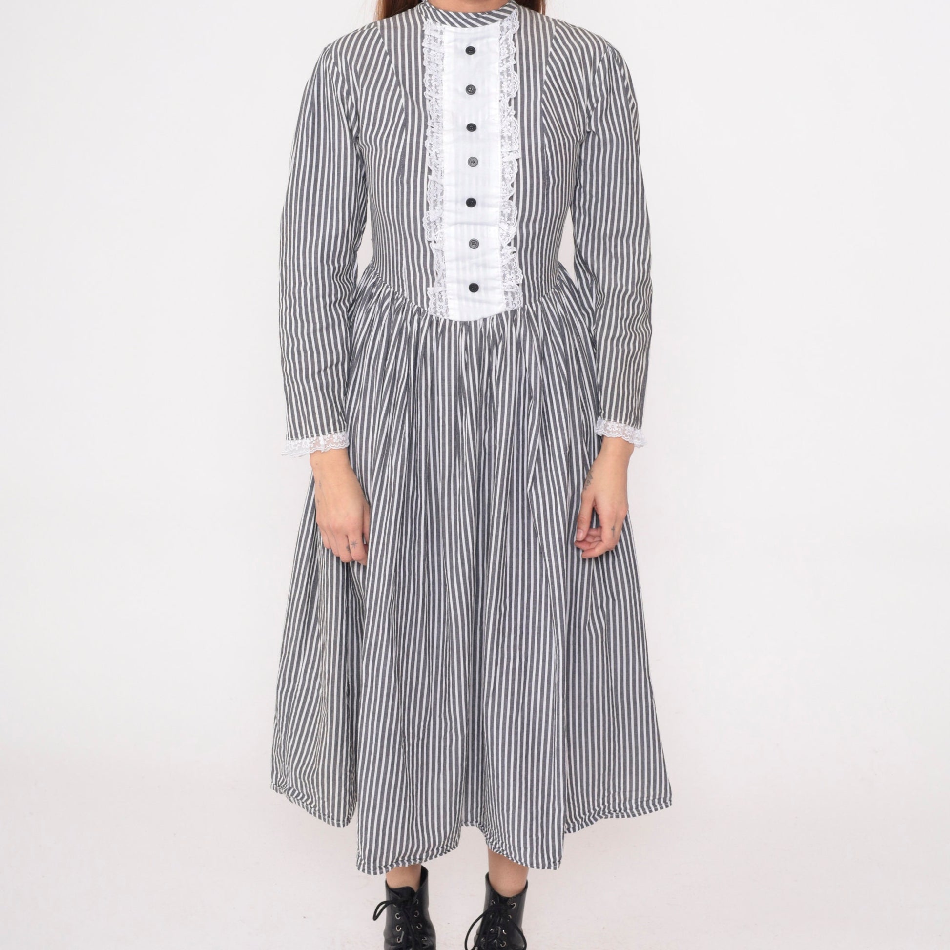 80s Grey White Striped Midi Dress Tuxedo Lace Bib Puff Sleeve Small