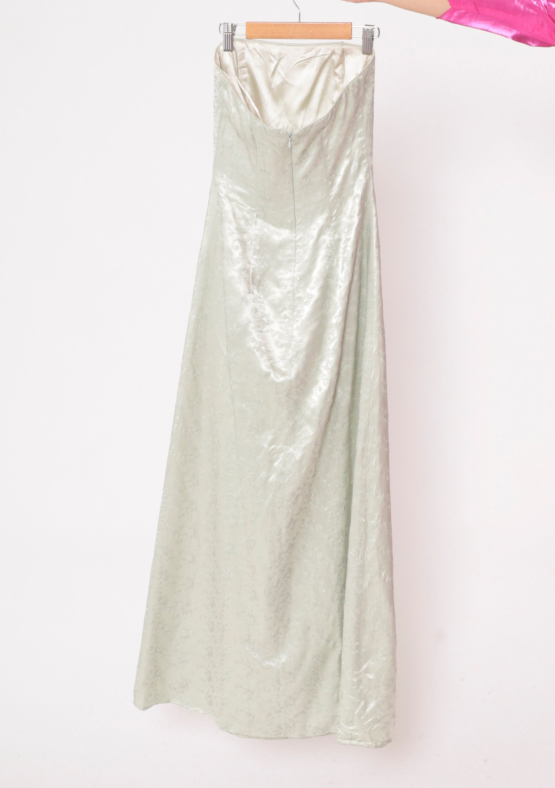 Y2K Jessica McClintock Silver Floral Embroidered Strapless Maxi Dress Extra Small