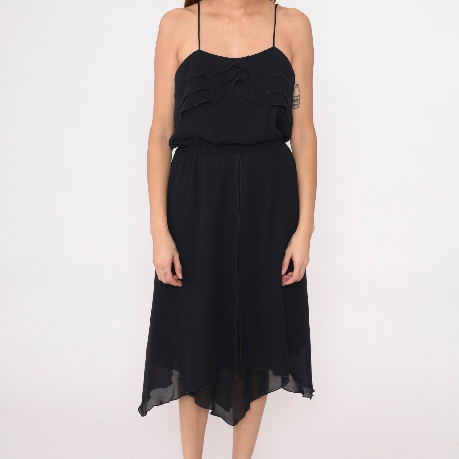1970s Black Saks Fifth Avenue Midi Dress Ruffled Neckline Spaghetti Strap Small
