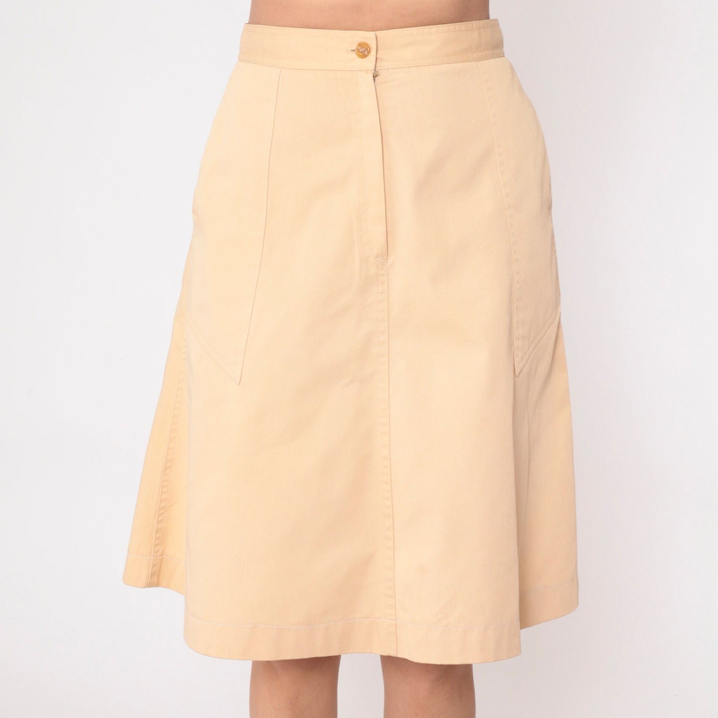 70s Tan A-Line Midi Skirt High Waist Pockets Front Zip Small