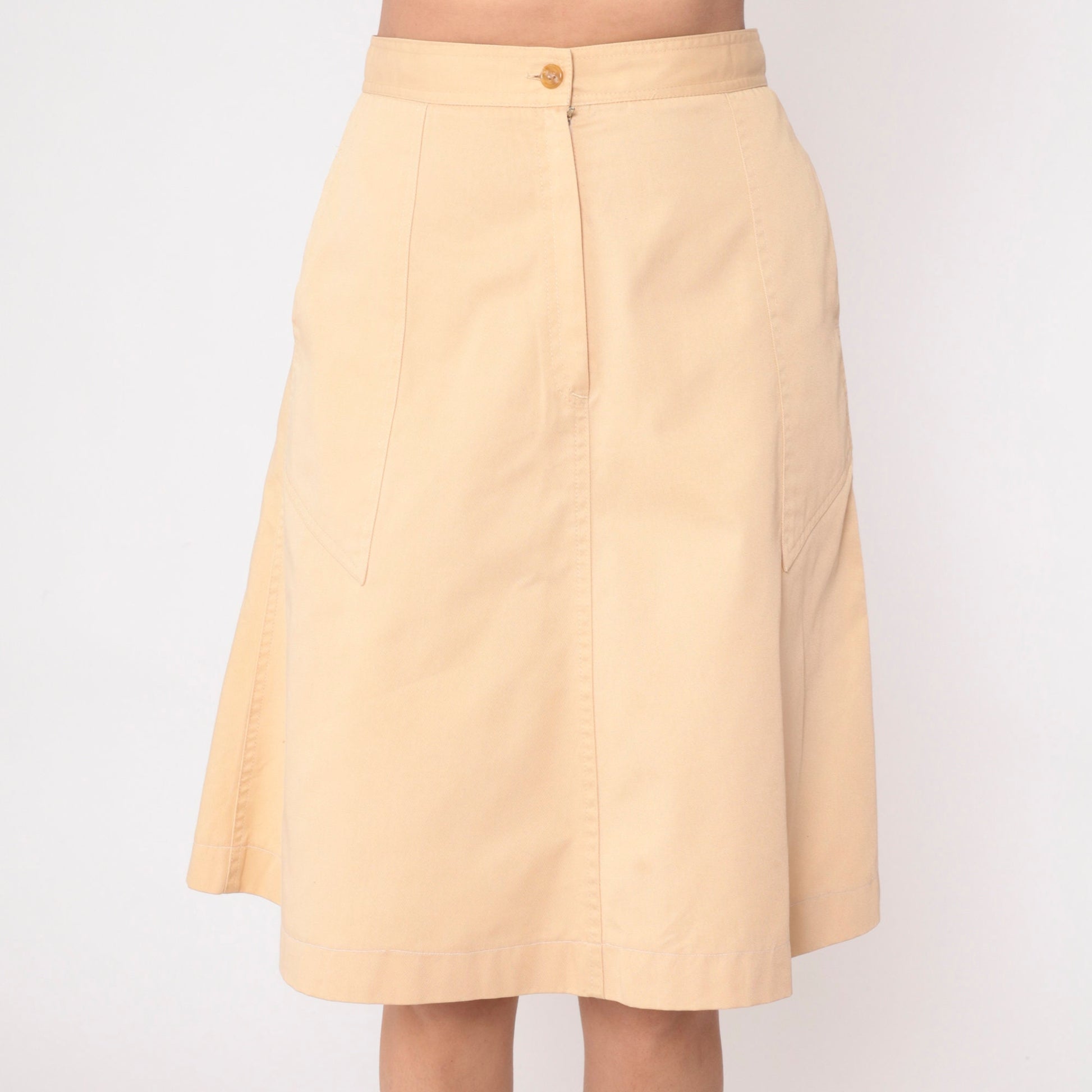 70s Tan A-Line Midi Skirt High Waist Pockets Front Zip Small