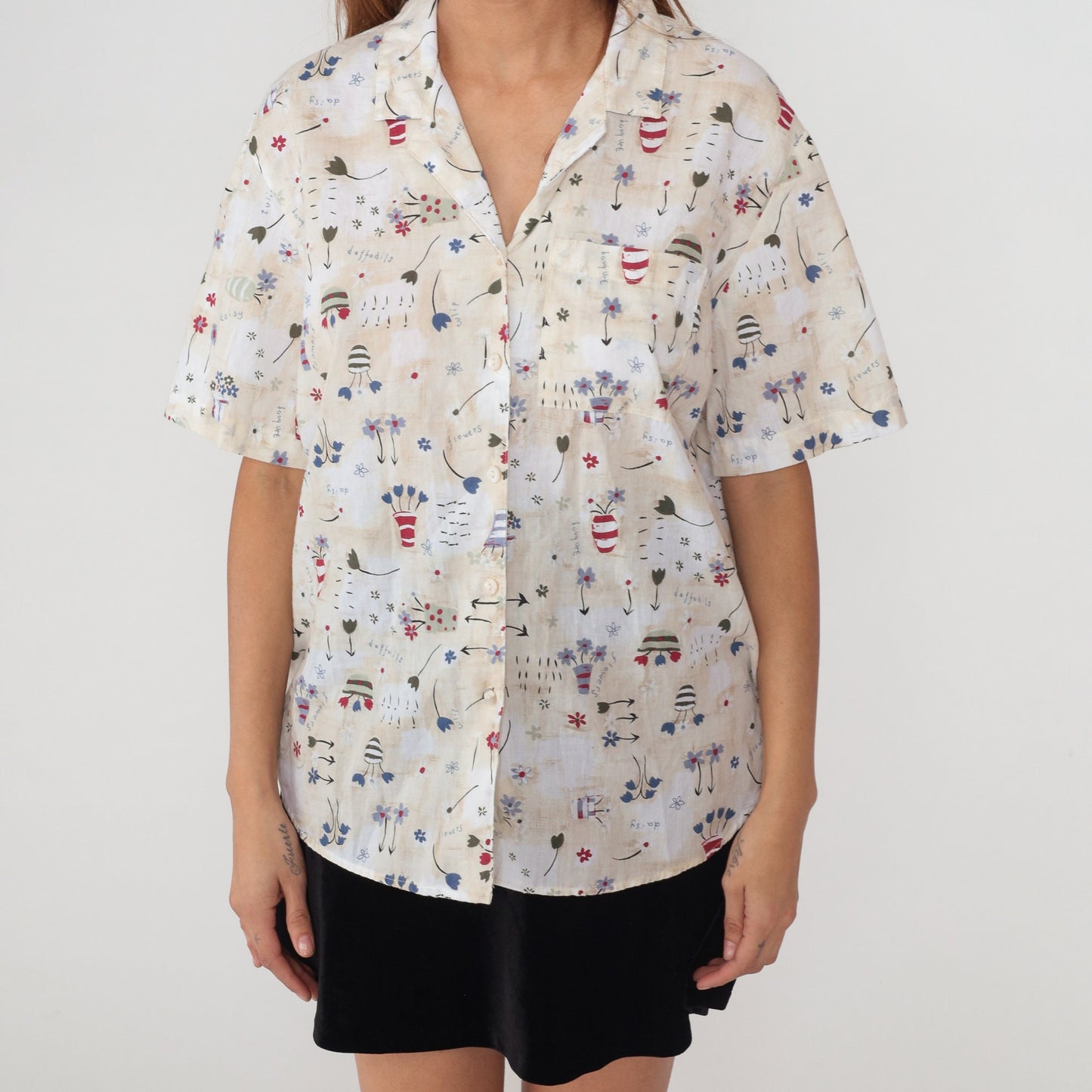 90s Floral Flowerpot Button-Up Blouse Beige Short Sleeve Collared Top Large L