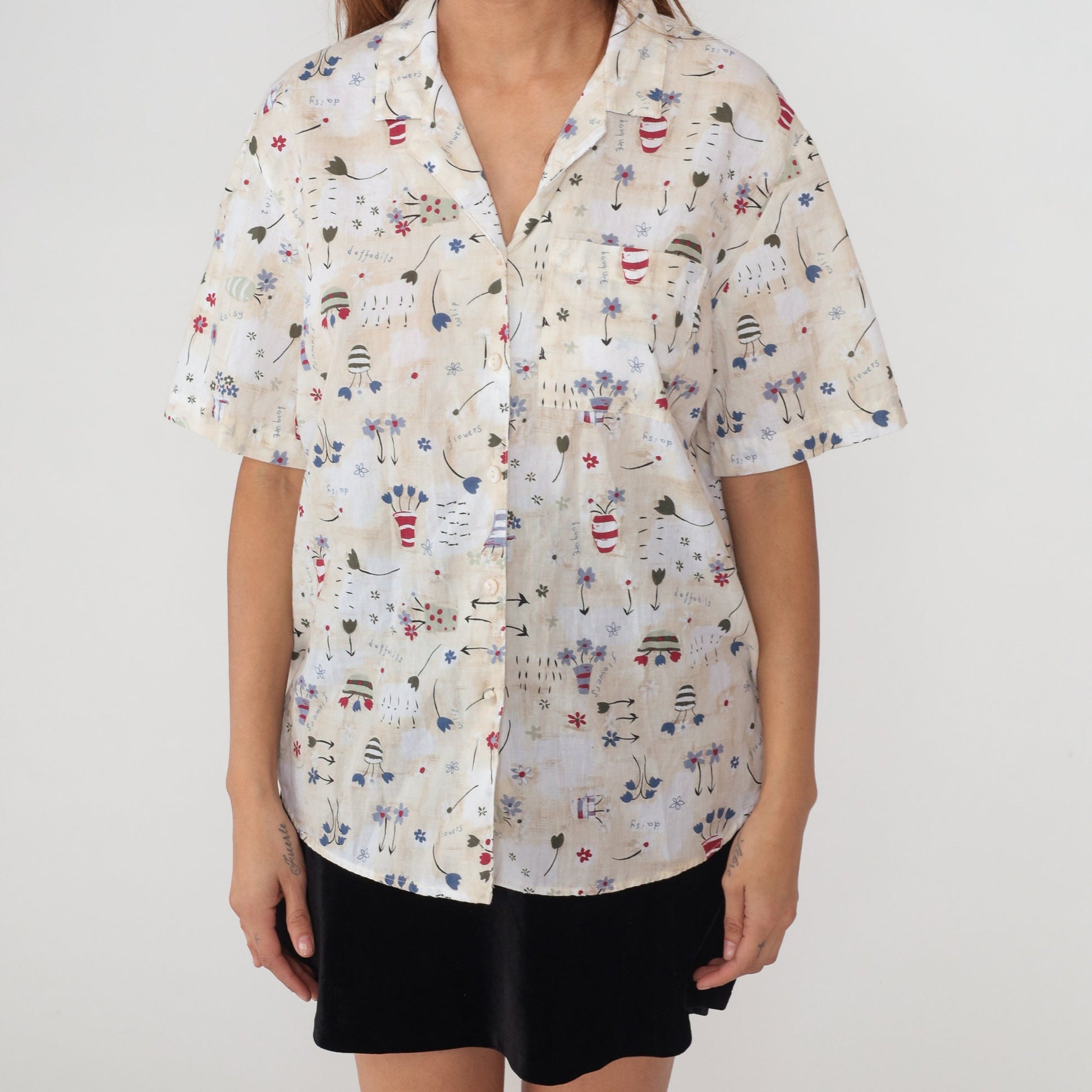 90s Floral Flowerpot Button-Up Blouse Beige Short Sleeve Collared Top Large L