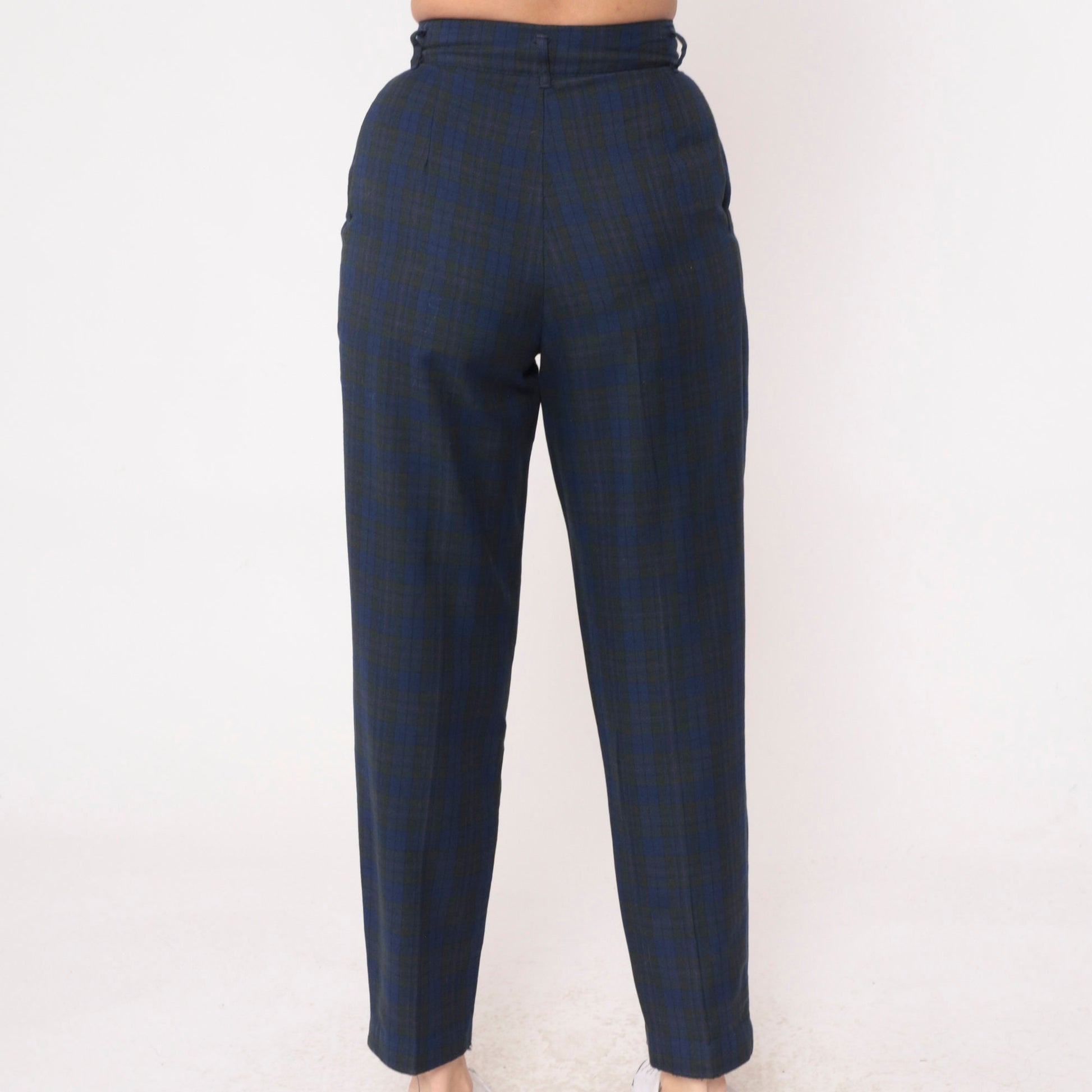 80s Palmettos Tapered Plaid Trousers Blue Charcoal High Waisted Pleated Extra Small