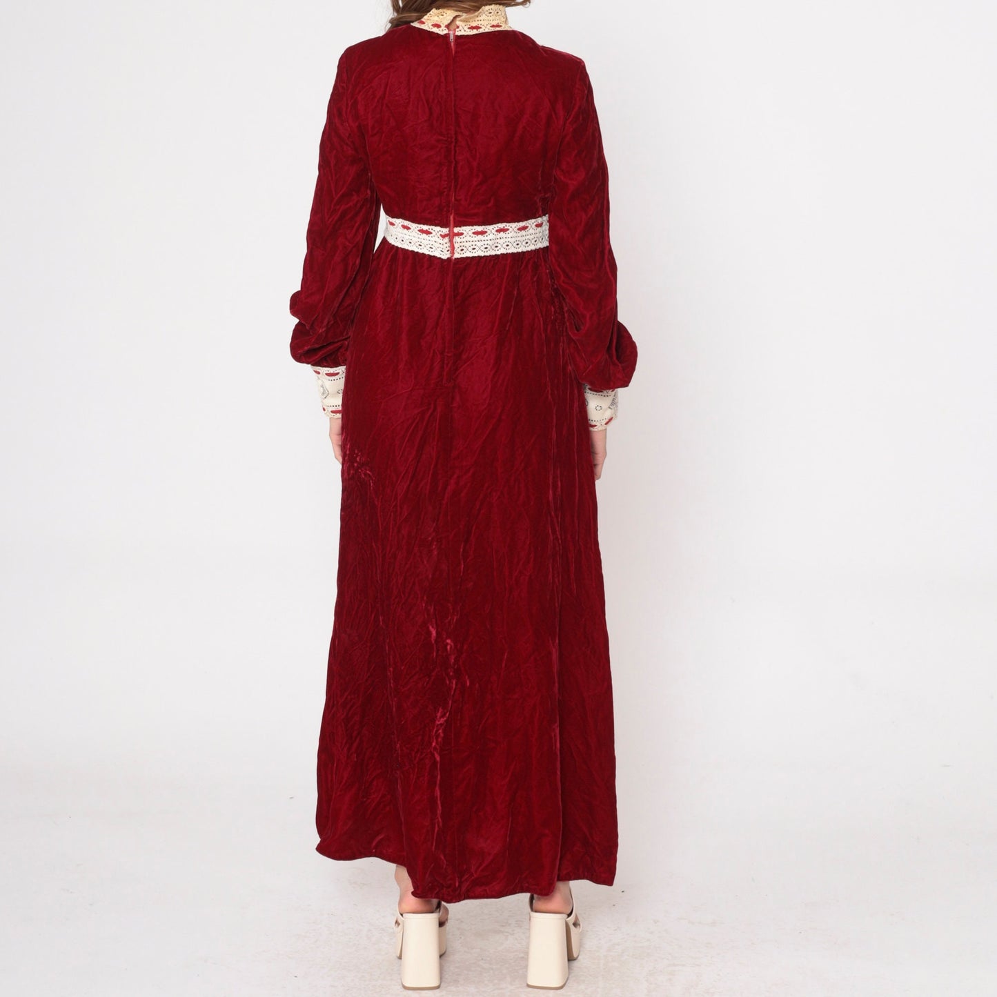 70s Red Velvet Maxi Dress Empire Waist Lace Bib Balloon Sleeve Medium