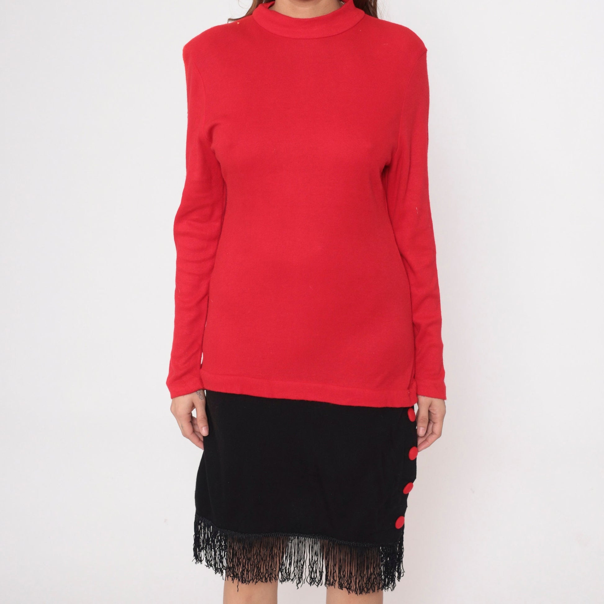 80s Color Block Dress Red Black Fringe Mock Neck Drop Waist Small