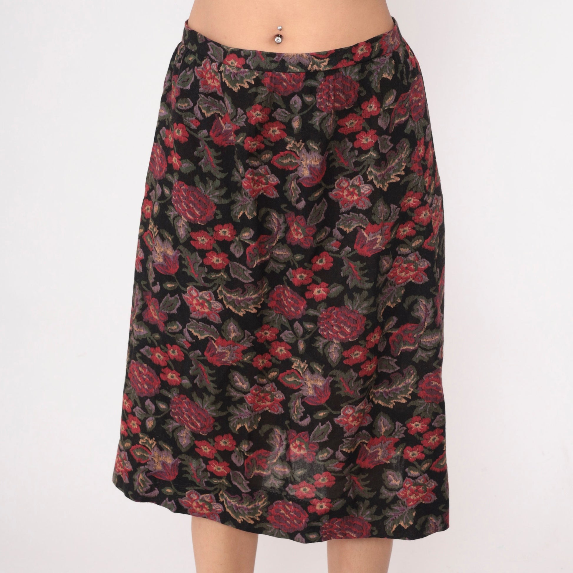 80s Floral Midi Skirt High Waisted Straight Pencil Black Red Green Small