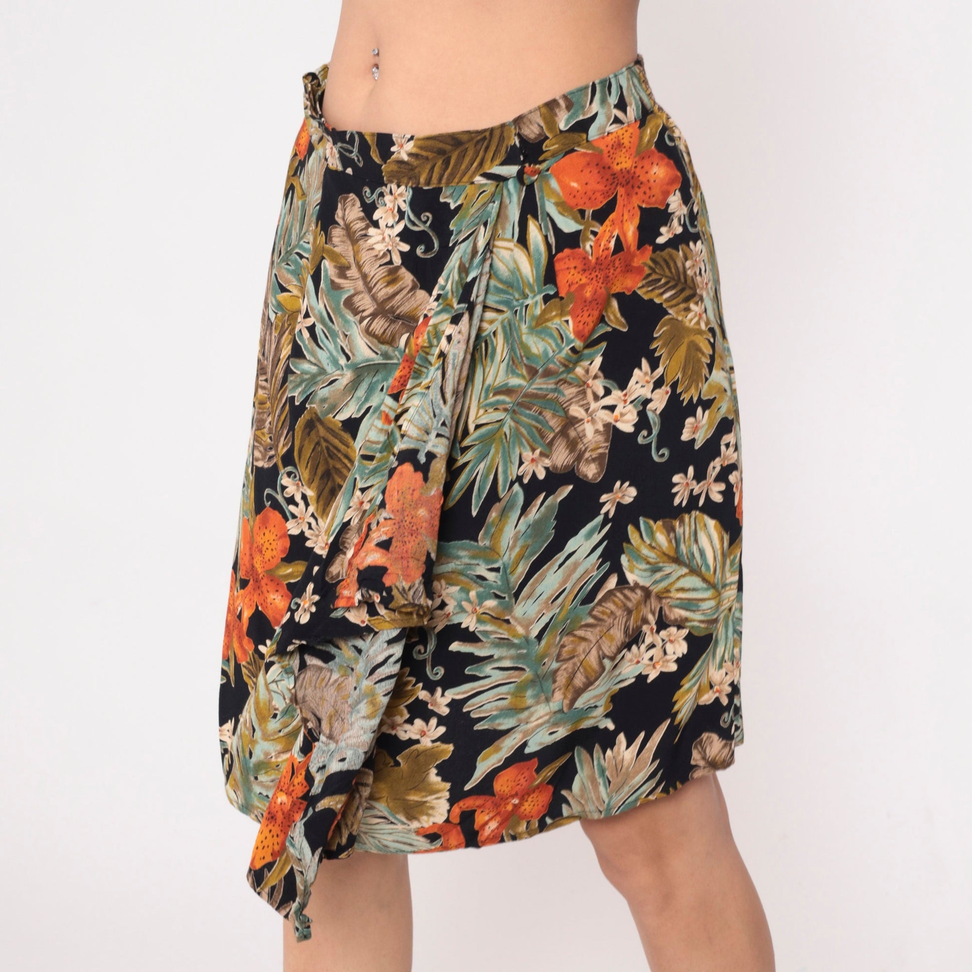 90s Carol Little Tropical Floral Mini Skirt Orange High Waist Faux Wrap Large