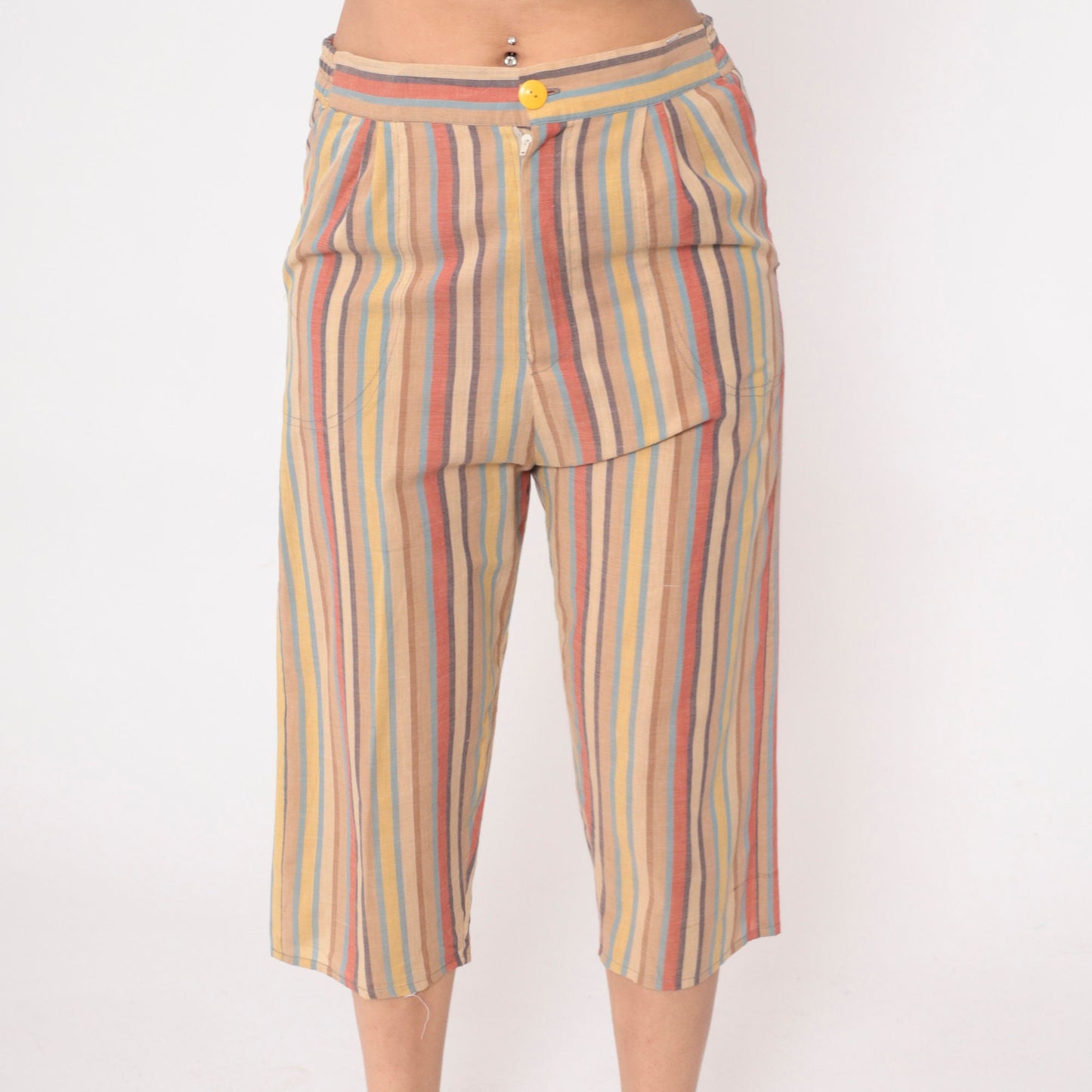 70s Striped High-Waisted Capri Pants Multicolour Cropped Trousers Small