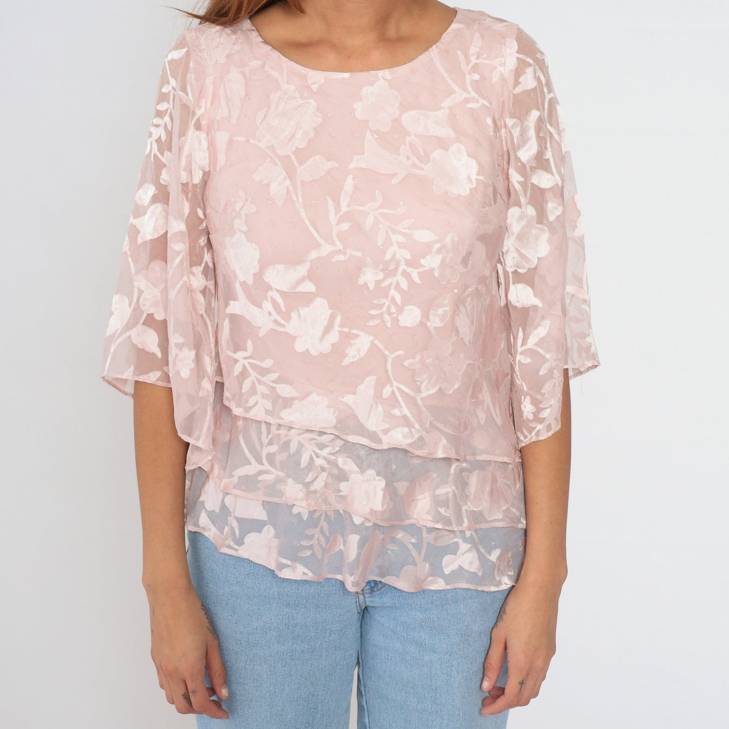 Y2K Pink Floral Blouse Alex Evenings Sparkly Wide Sleeve Small