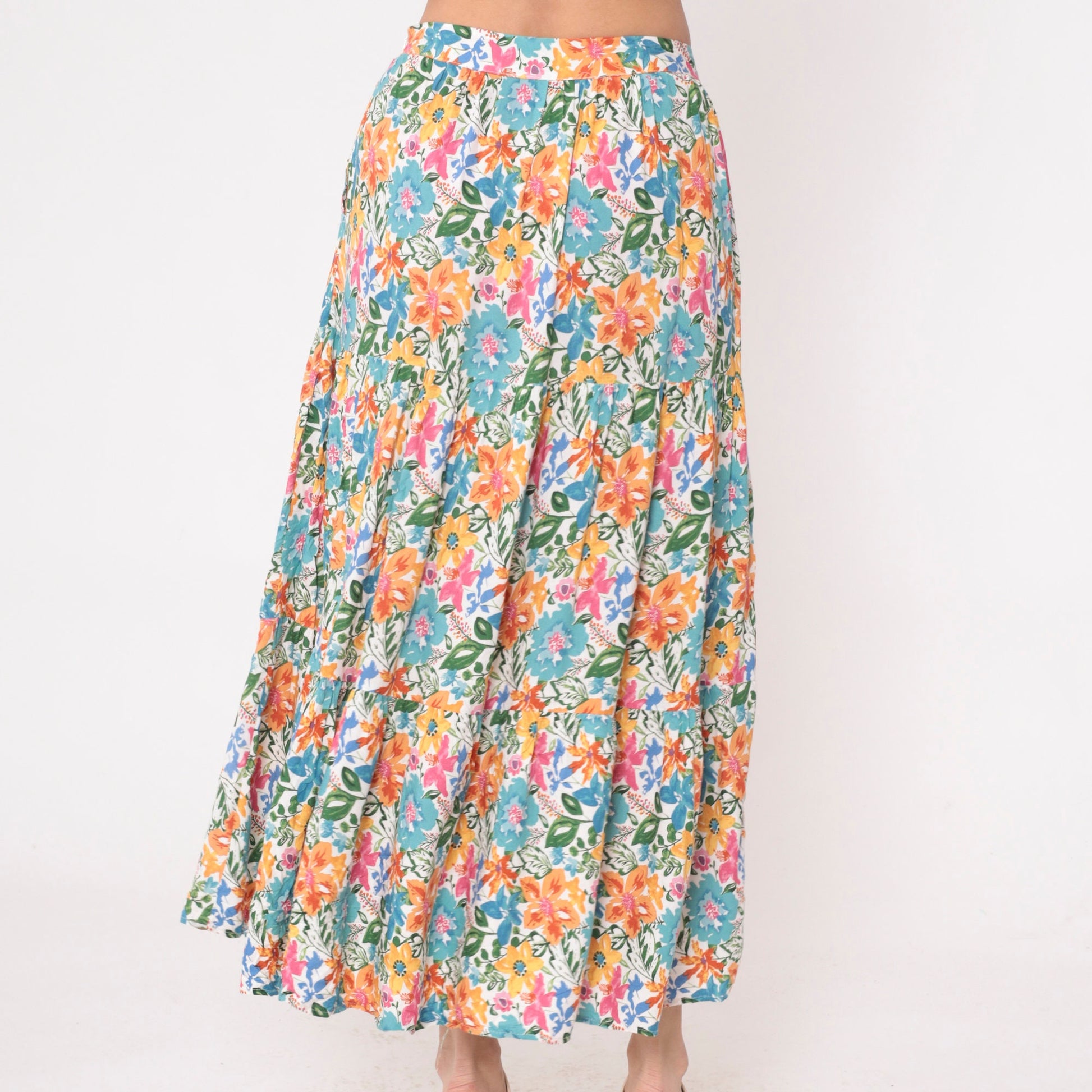00s Cynthia Rowley Tiered Floral Maxi Skirt Blue Orange Pink Small