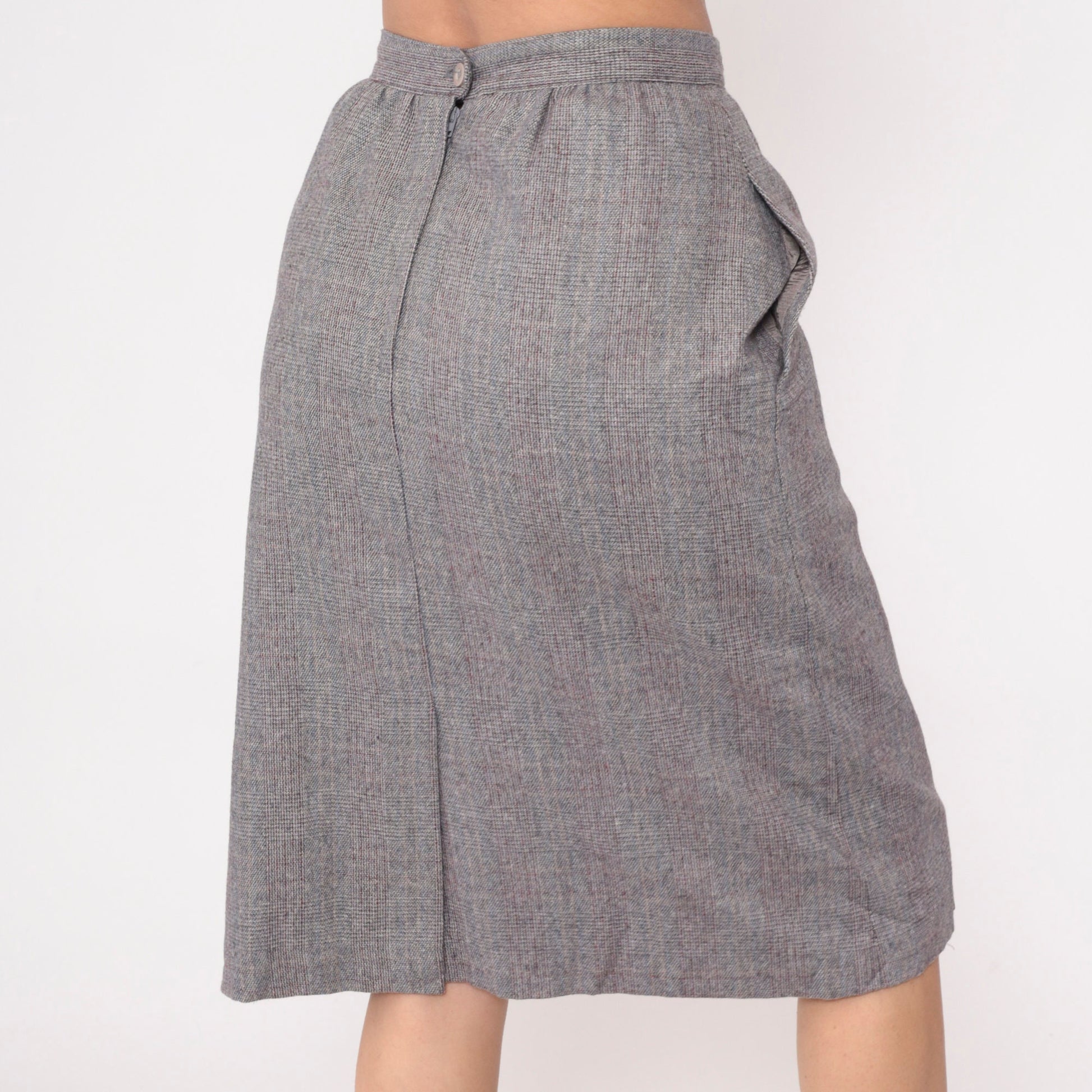 80s Grey Checkered High-Waisted Straight Skirt Pockets Small