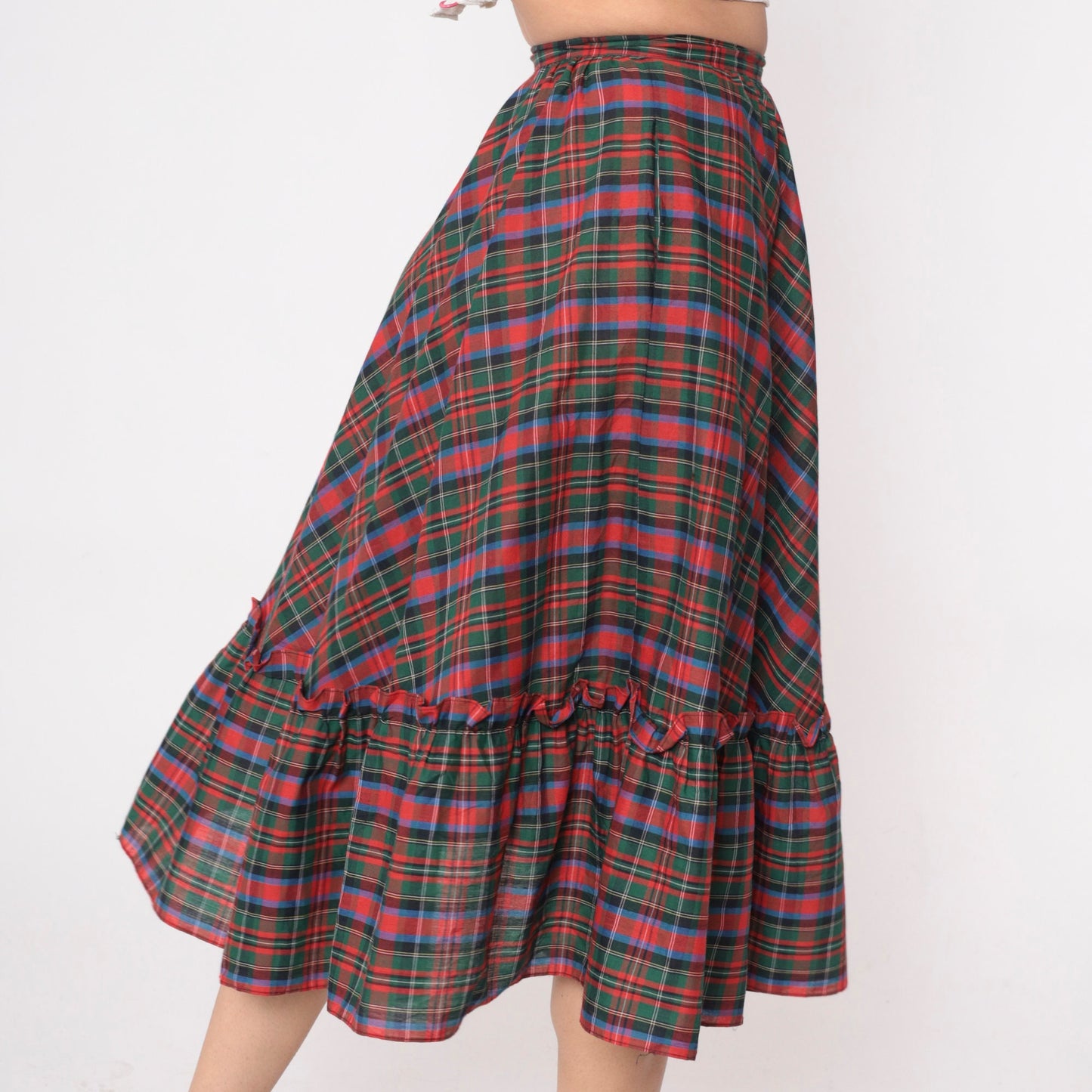 80s Plaid Midi Skirt Red Green Tartan High Waist Flounce Pocket Extra Small
