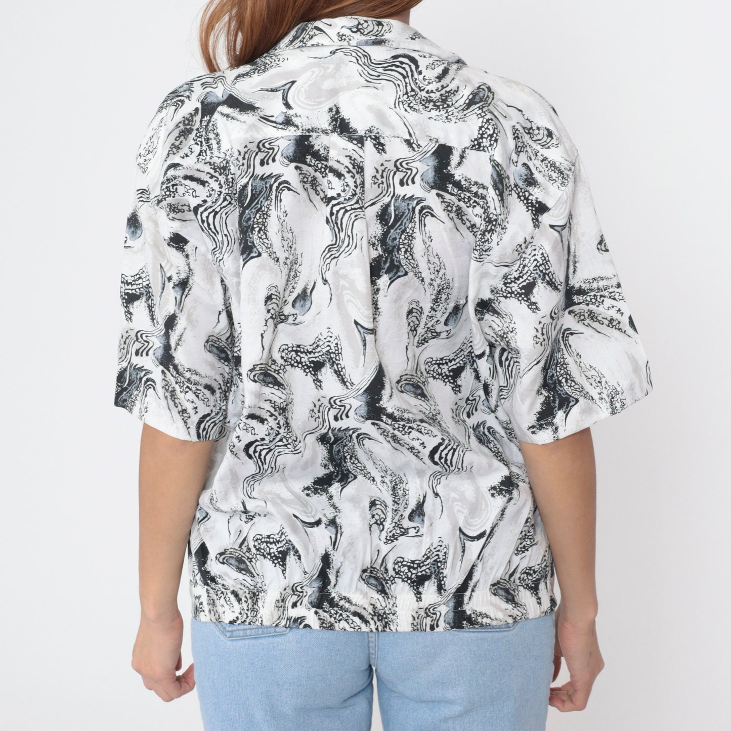 90s Marbled Swirl Button-Up Blouse Black White Deep V-Neck Short Sleeve Medium M