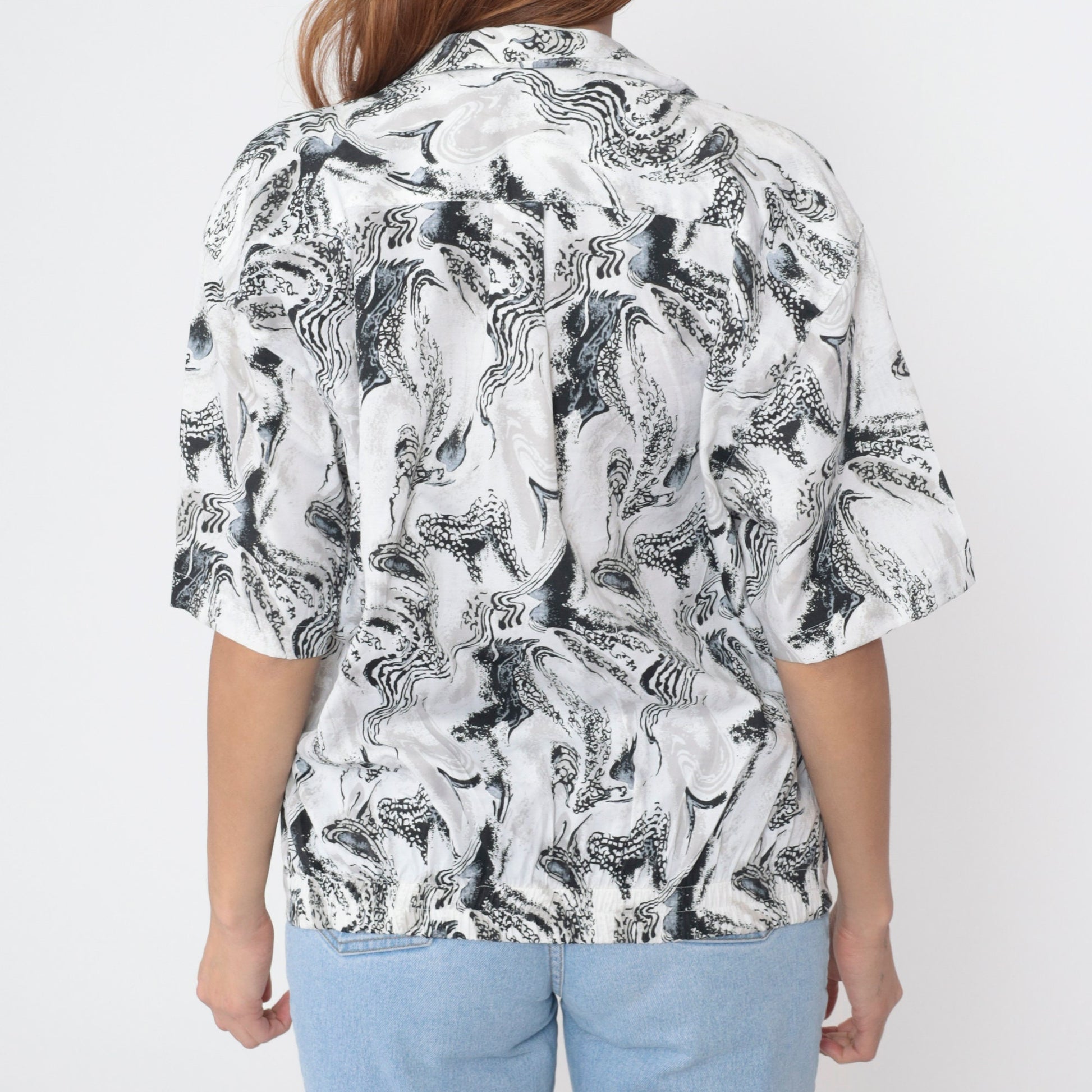 90s Marbled Swirl Button-Up Blouse Black White Deep V-Neck Short Sleeve Medium M