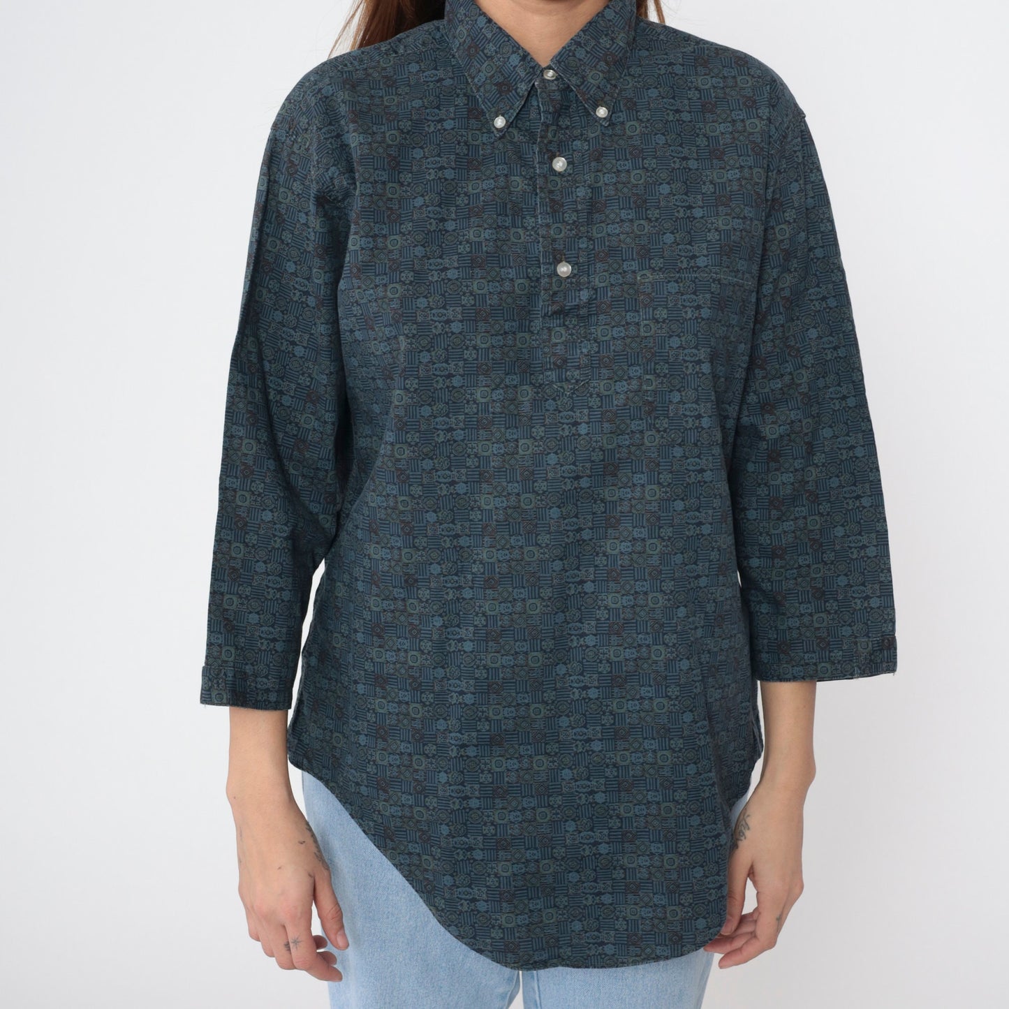 90s Towncraft Polo Shirt Blue Geometric Print Quarter Button 3/4 Sleeve Large L
