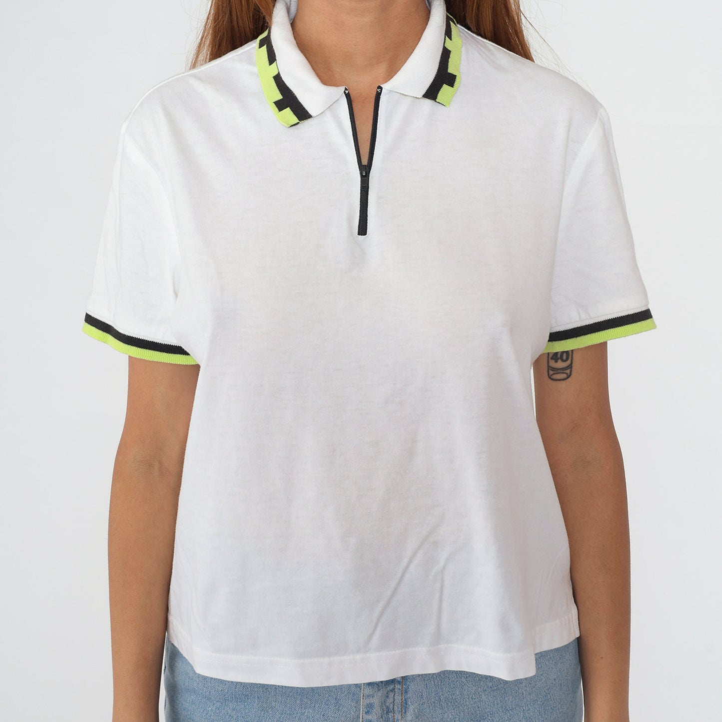 90s Lily's of Beverly Hills Half-Zip Polo White Striped Ringer Medium M