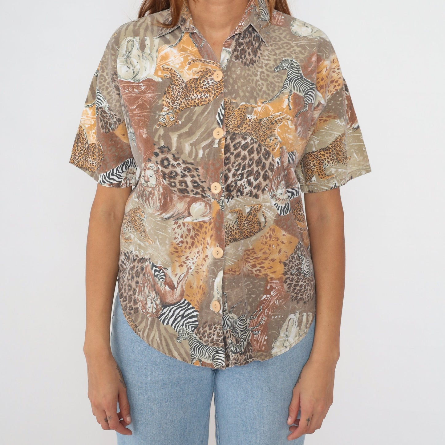 90s Safari Animal Print Button-Up Blouse Lion Zebra Elephant Medium