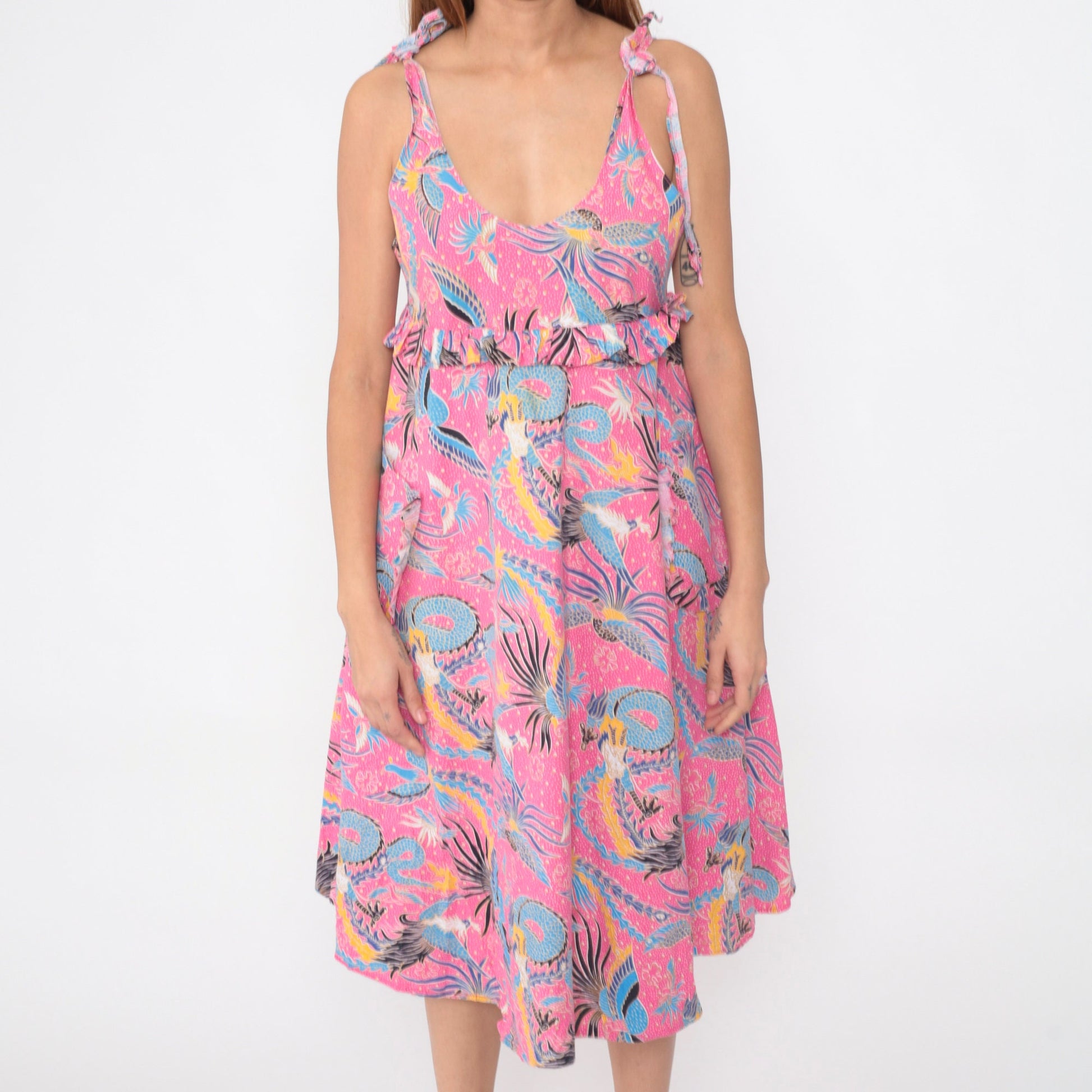 80s Dragon Phoenix Bird Print Pink Midi Sundress Empire Waist Small