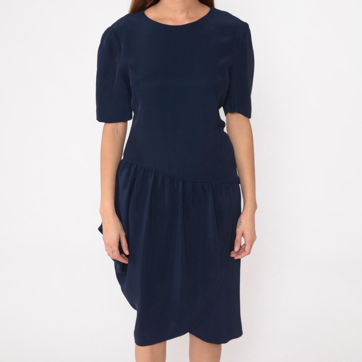 90s Navy Tulip Midi Dress Asymmetrical Drop Waist Gathered Pocket Medium 8