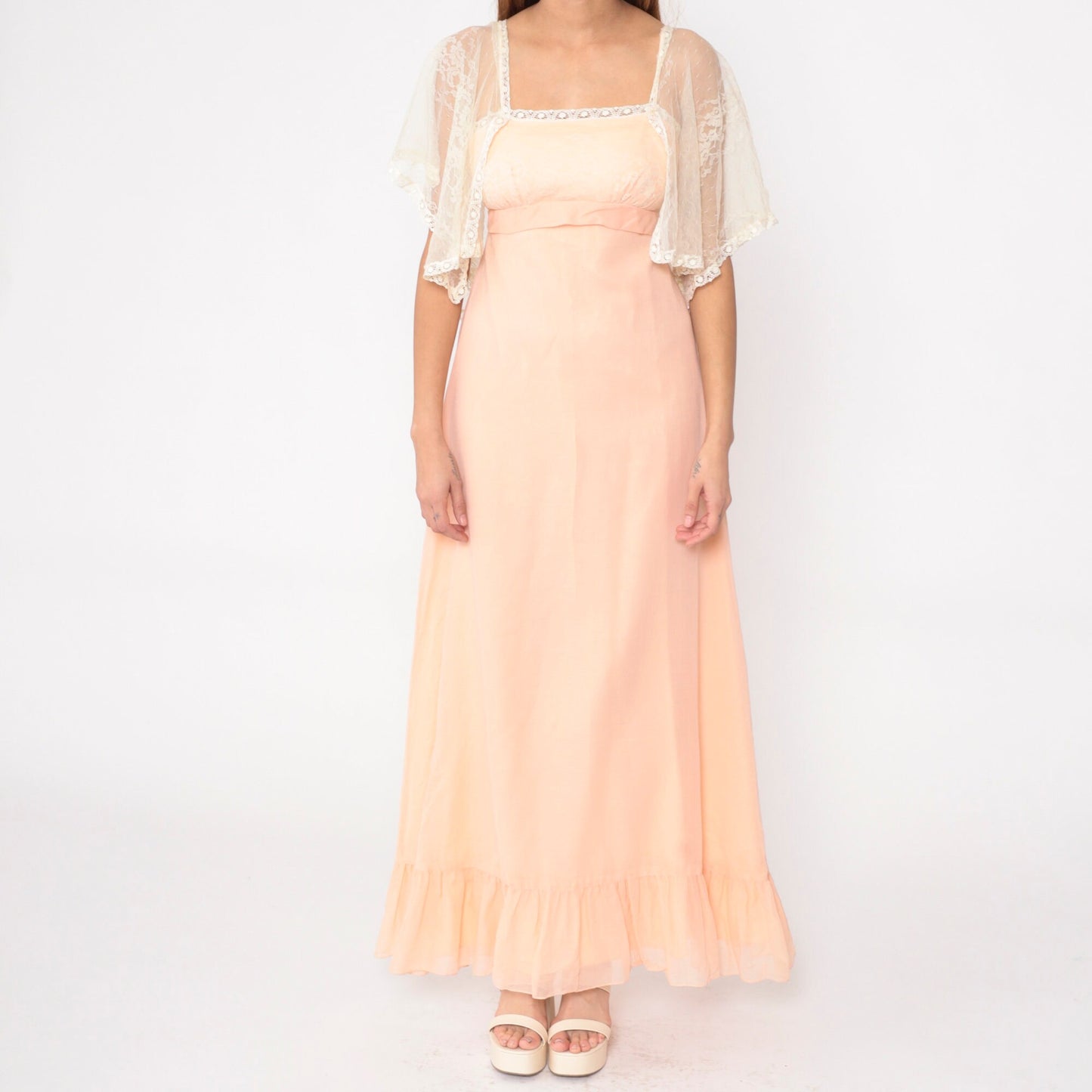 70s Peach Lace Maxi Dress Empire Waist Flutter Sleeve Small