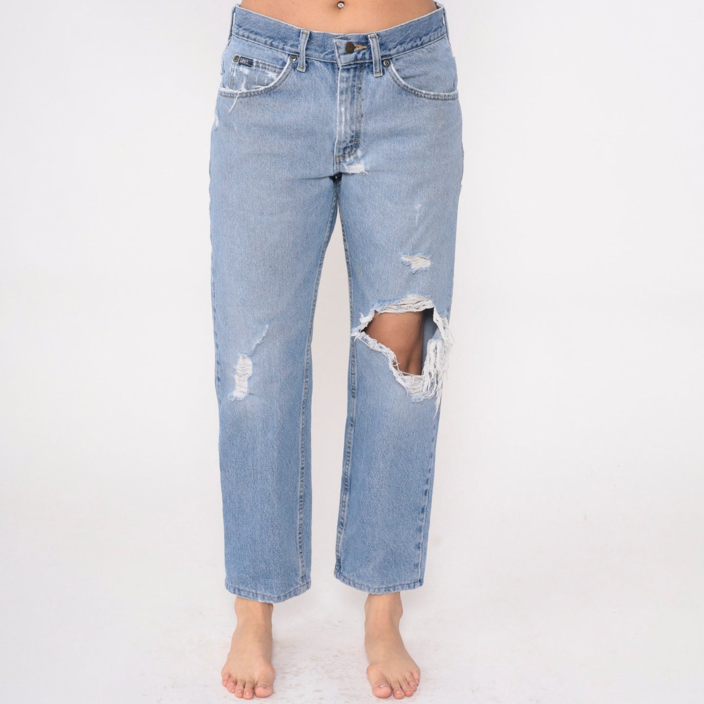 90s Lee Jeans Mid Rise Straight Leg Ripped Knee Blue Denim Medium