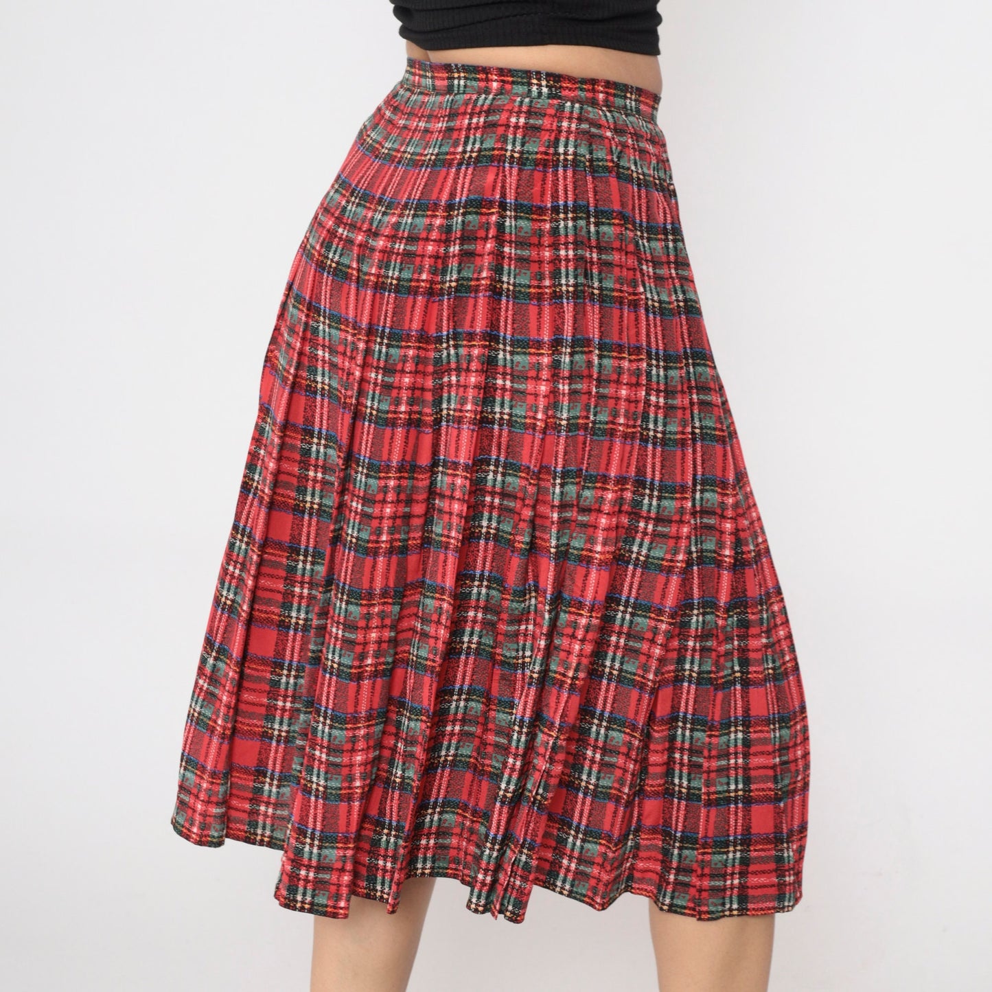 80s Red Plaid Silk Midi Skirt Pleated High Waist Small