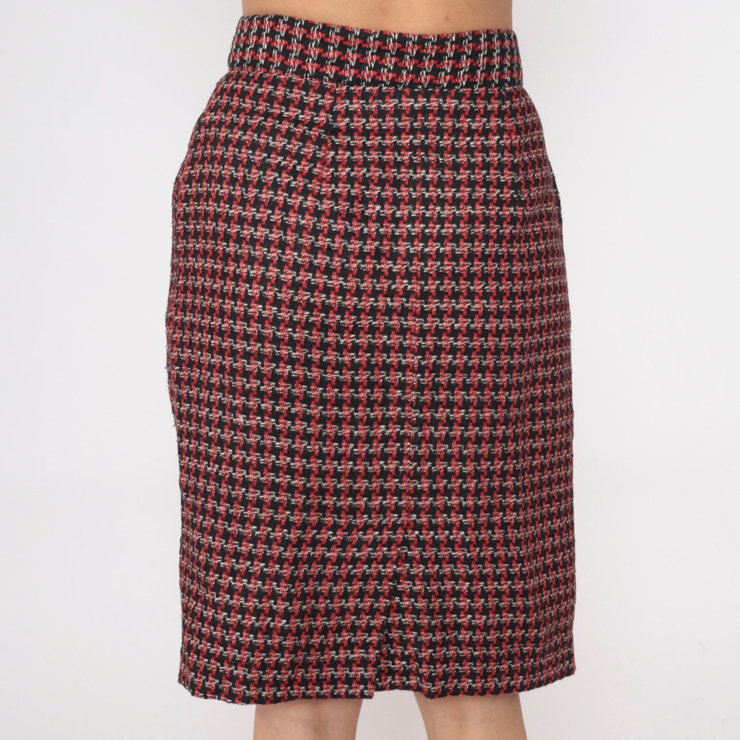 80s Diane von Furstenberg Houndstooth Pencil Skirt High Waisted Black Red White Small