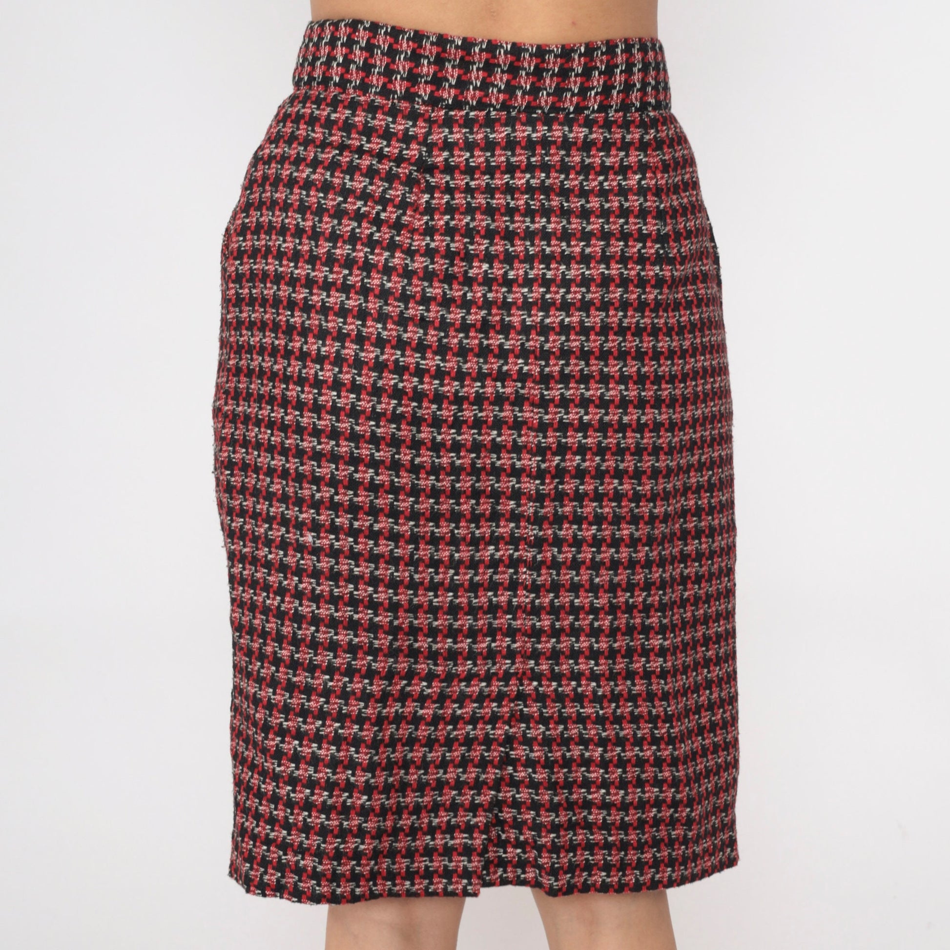 80s Diane von Furstenberg Houndstooth Pencil Skirt High Waisted Black Red White Small