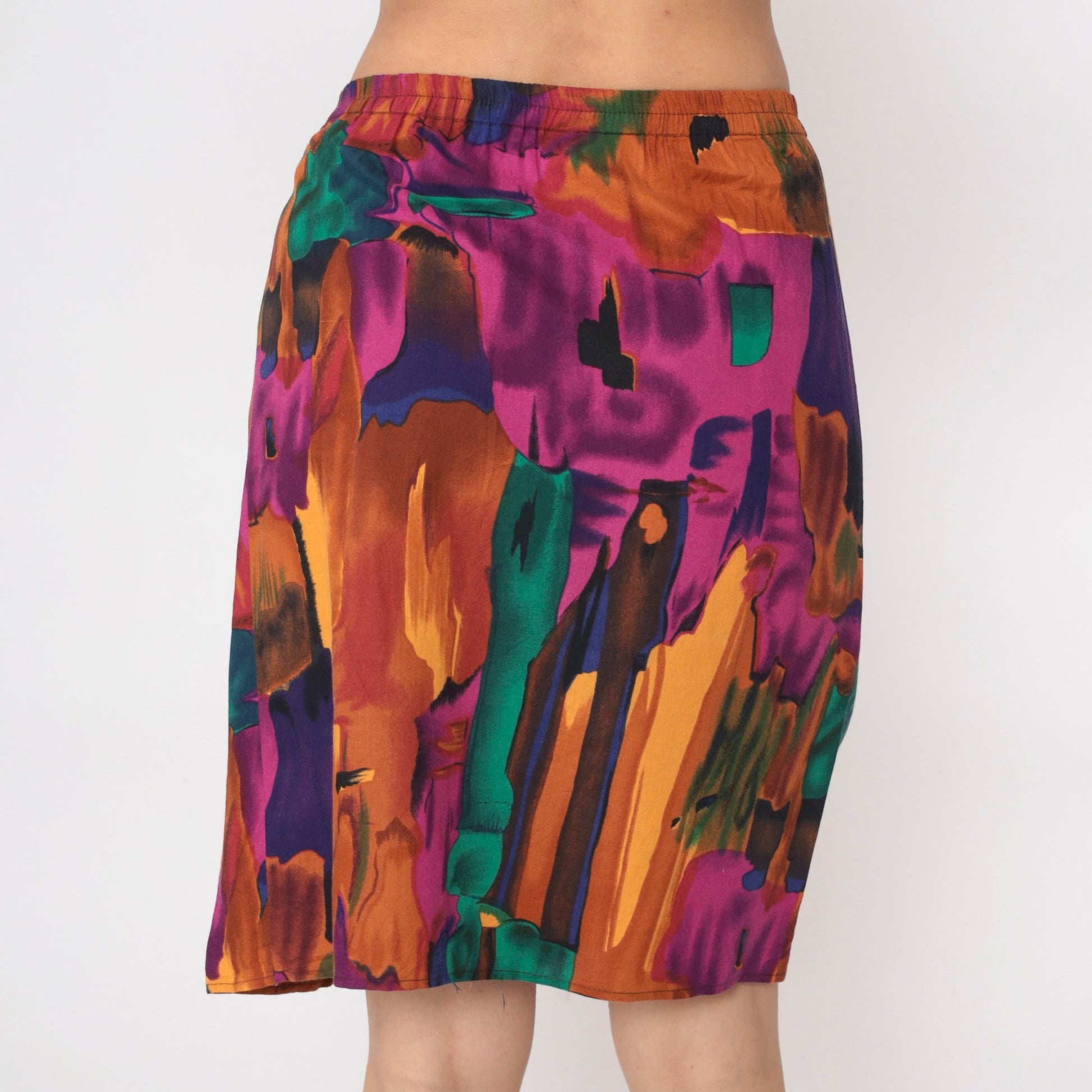 90s Sue Brett Abstract Watercolor Mini Skirt Faux Wrap Elastic Waist Medium Large