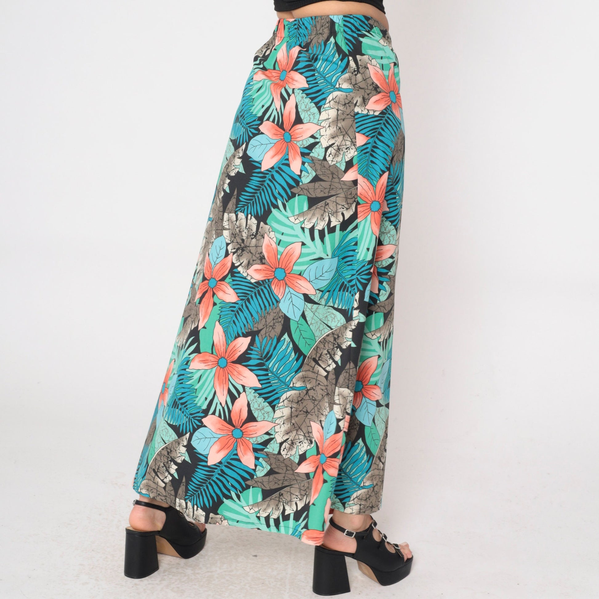 80s Tropical Floral Maxi Skirt High Waist Fern Print Blue Green Orange Small