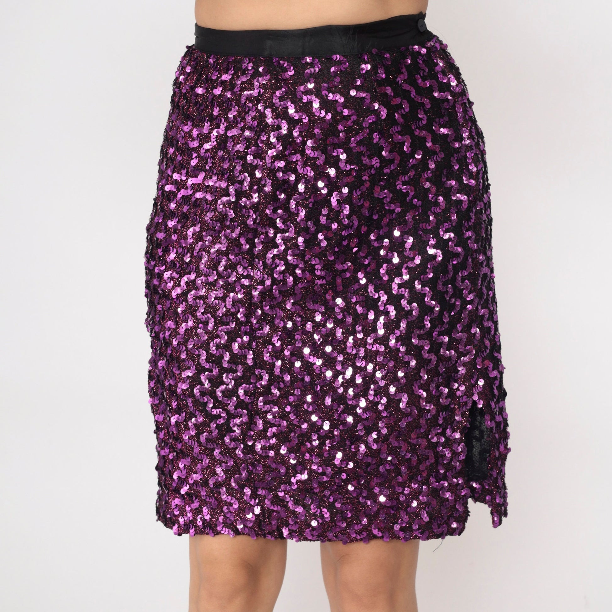 80s Purple Sequin Pencil Skirt High Waist Mini Slit Small S