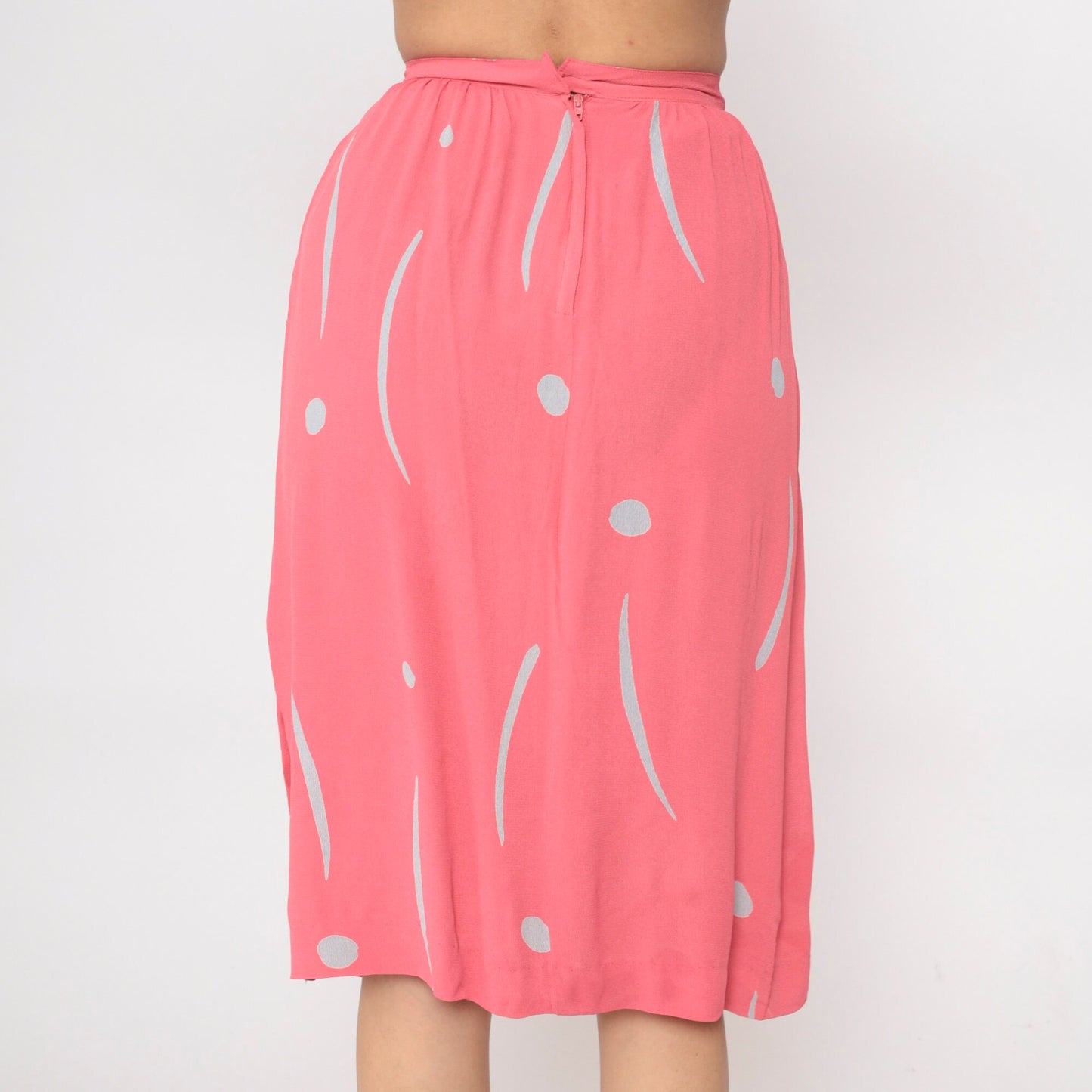 80s Uri Bloch Prive Pink Dot Line Print Midi Skirt High Waist Pockets Extra Small