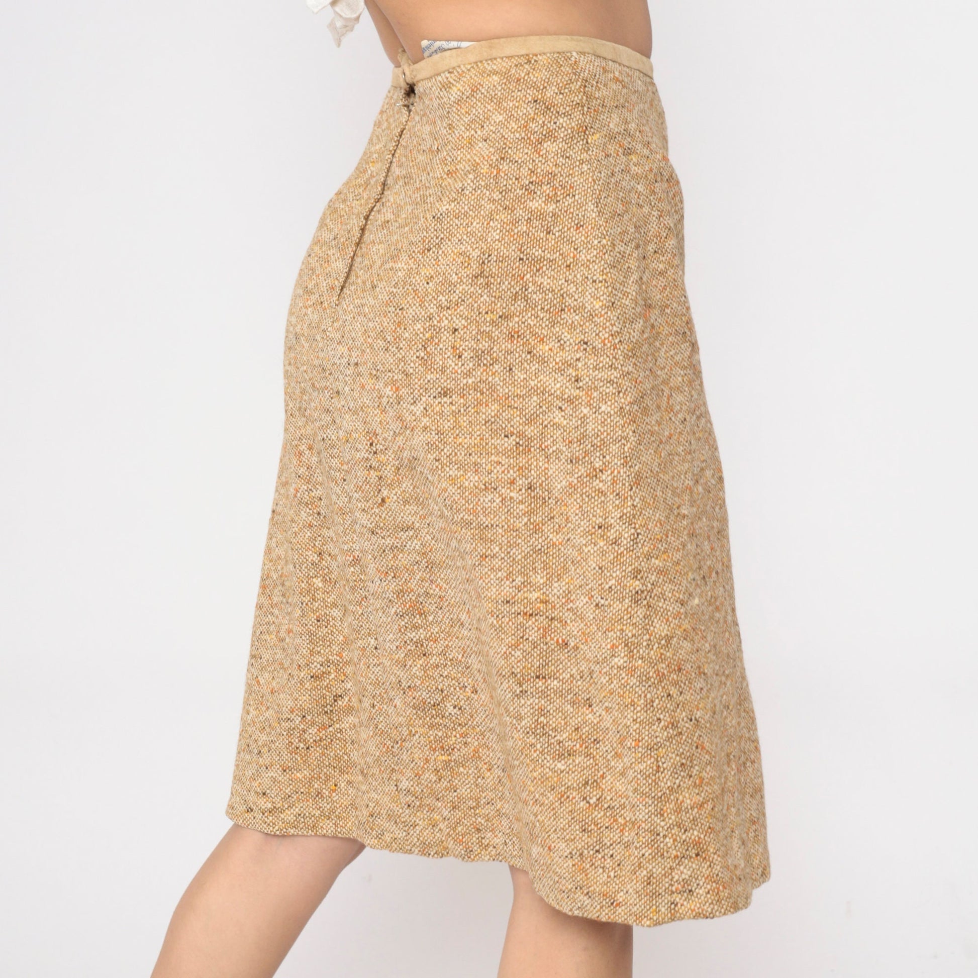 60s Tan Flecked Pencil Skirt High Waisted Tweed-Look Midi Small