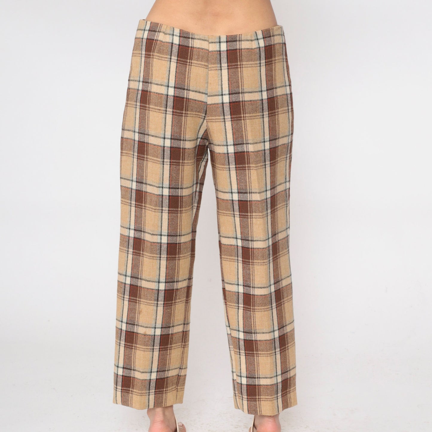 60s Tan Plaid Wool Trousers High Waisted Straight Leg Large L