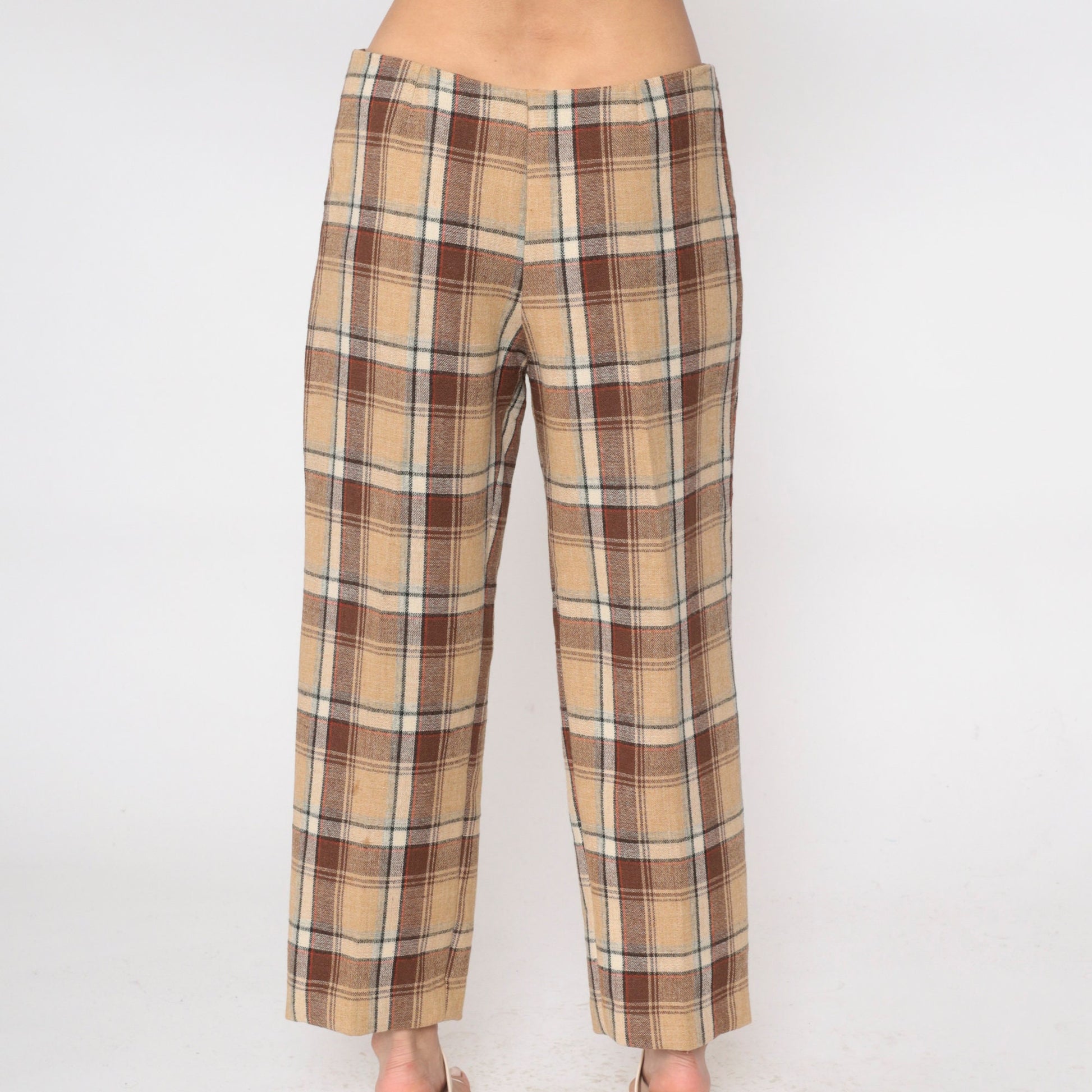 60s Tan Plaid Wool Trousers High Waisted Straight Leg Large L